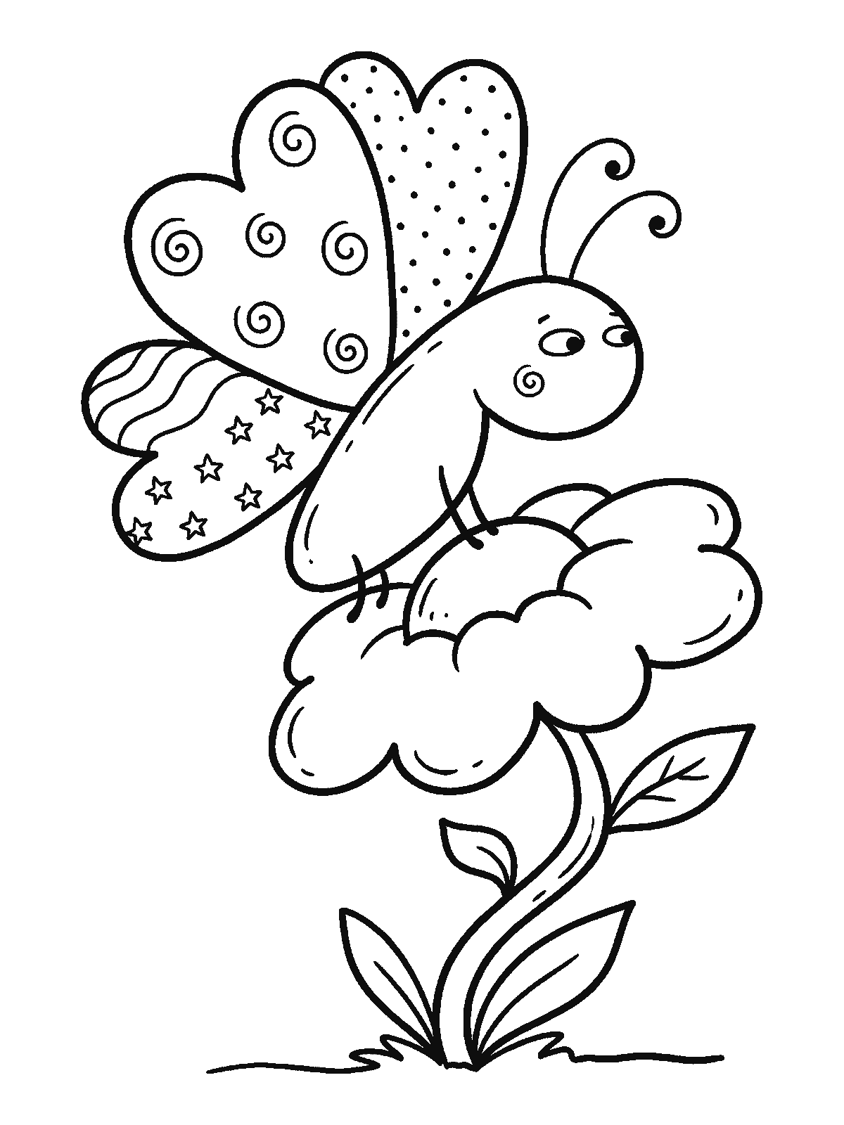 Ausmalbild: Ein Schmetterling sitzt auf einer einzelnen Blume, seine vier Flügel haben die Form von vier Herzen, jeder mit einem anderen Muster, die Fühler ringeln sich