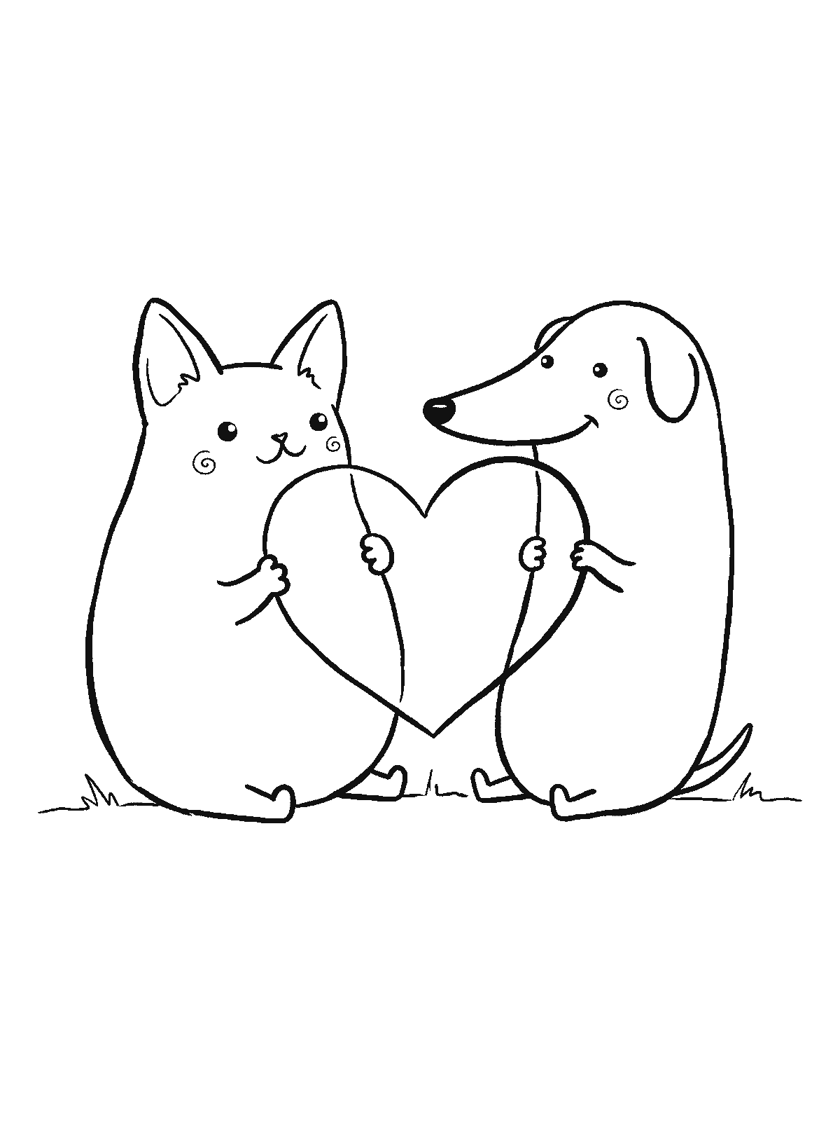 Ausmalbild: Eine Katze und ein Hund sitzen nebeneinander und halten je eine Hälfte eines einzigen großen Herzens zwischen sich, beide nach vorn gewandt