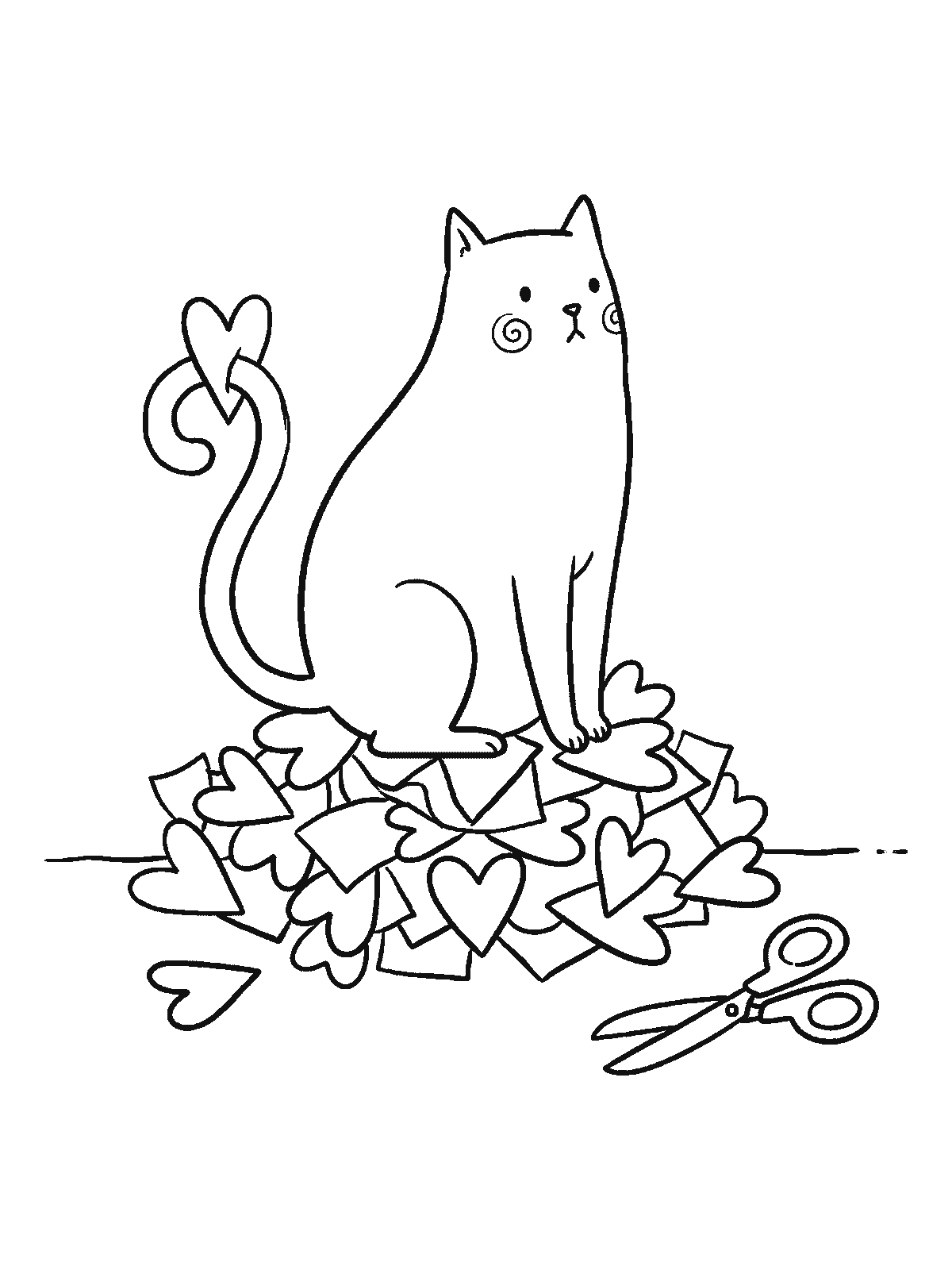 Ausmalbild: Eine Katze sitzt ruhig auf einem großen unordentlichen Haufen ausgeschnittener Papierherzen, daneben eine Schere mit runder Spitze, ein Herz klebt am Schwanz
