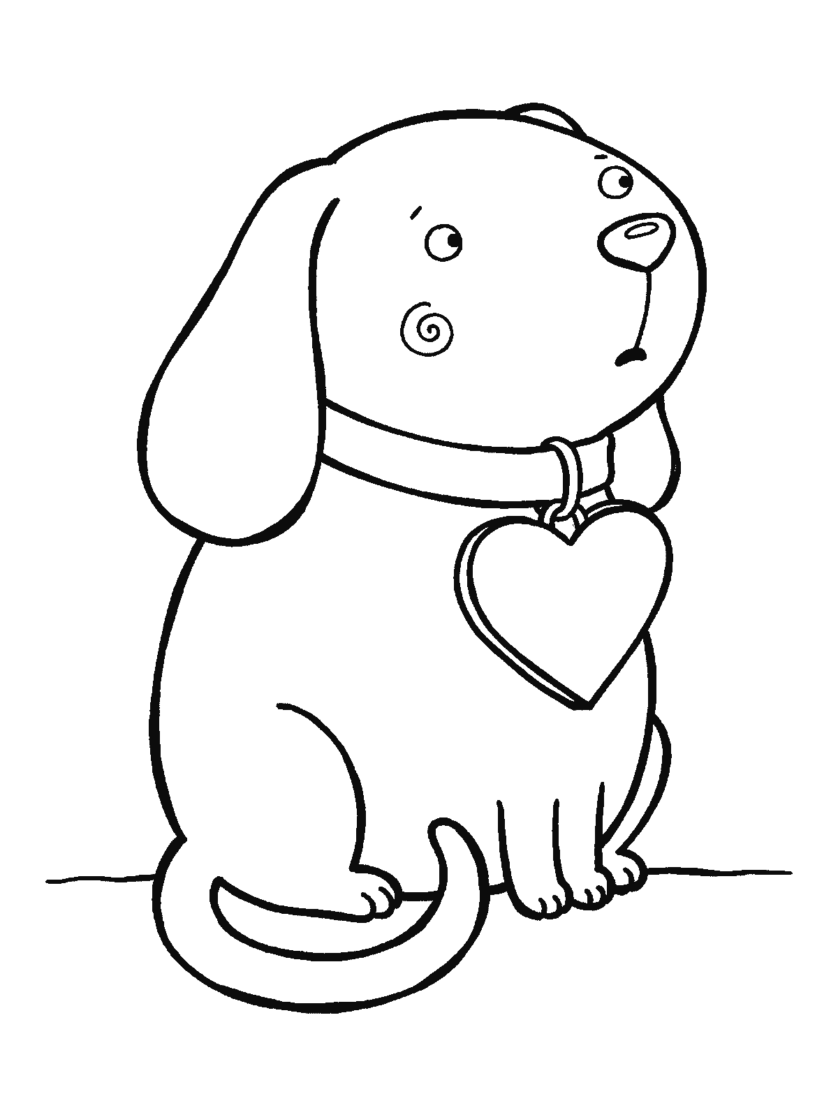 Ausmalbild: Ein runder freundlicher Hund sitzt aufrecht mit einem breiten einfachen Halsband und einer großen herzförmigen Marke, ein Ohr hängt um, der Schwanz liegt um die Pfoten