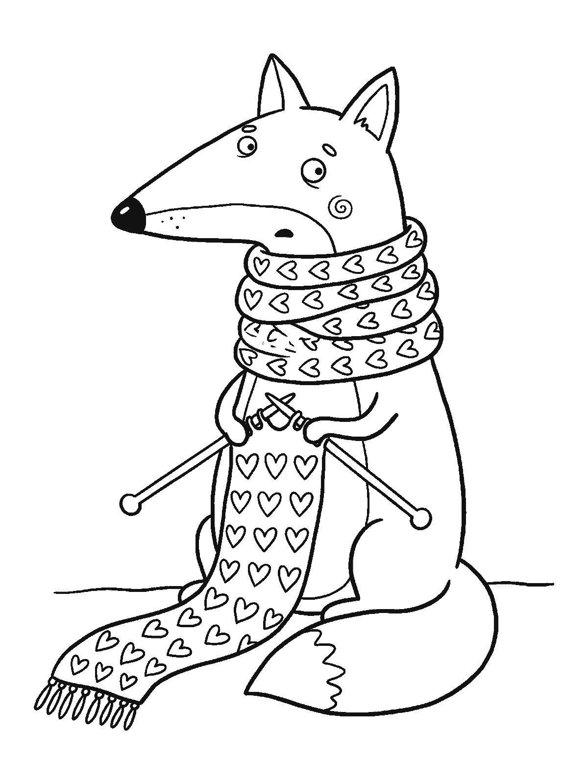 Ausmalbild: Ein Fuchs sitzt mit zwei Stricknadeln und arbeitet an einem langen Schal mit Reihen von Herzen im Umriss, das fertige Ende liegt dreimal um seinen Hals