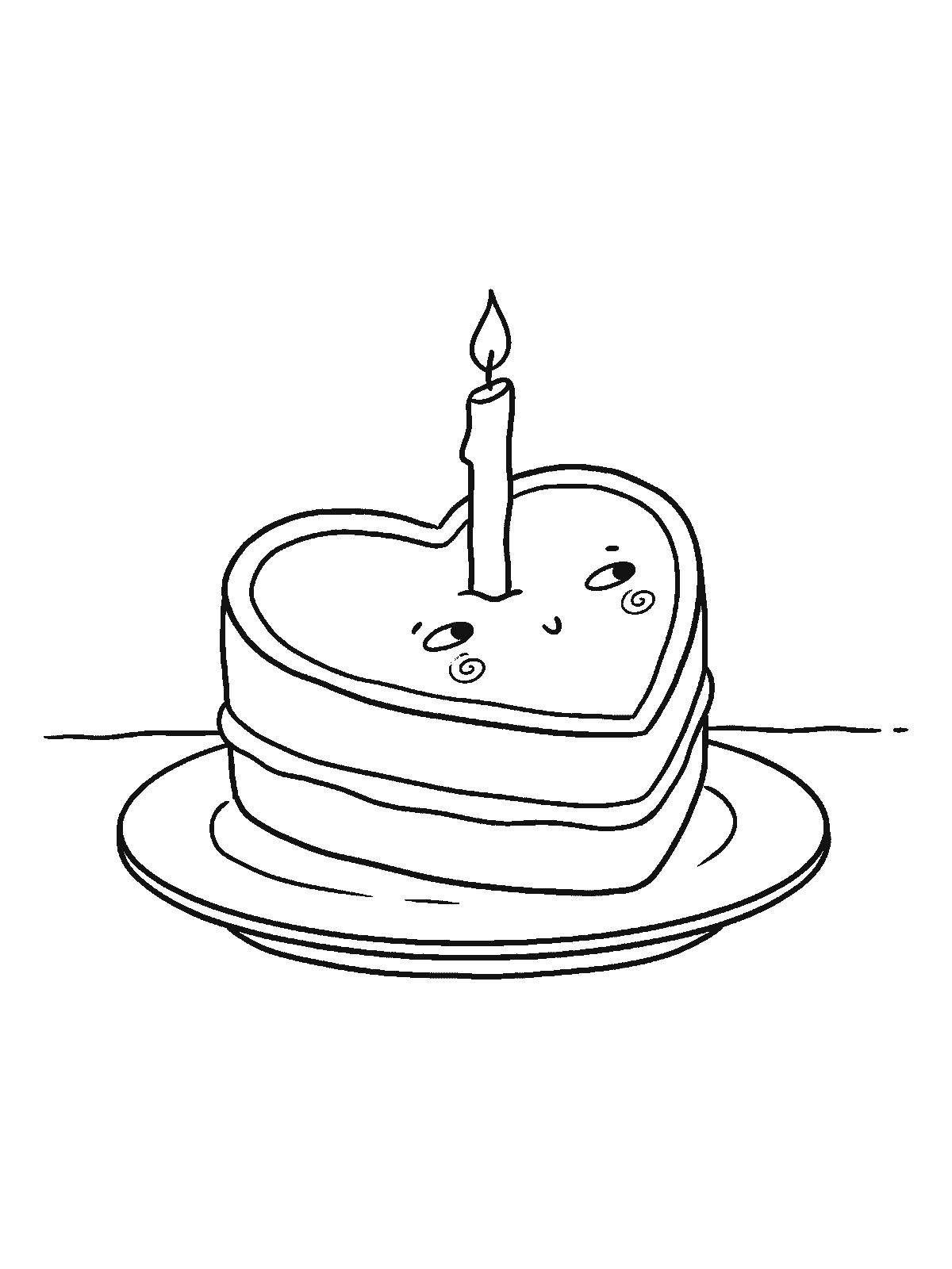 Ausmalbild: Ein großer herzförmiger Kuchen auf einem einfachen Teller, in der Mitte steht eine hohe Kerze, am Rand ein breiter glatter Zuckergussrand