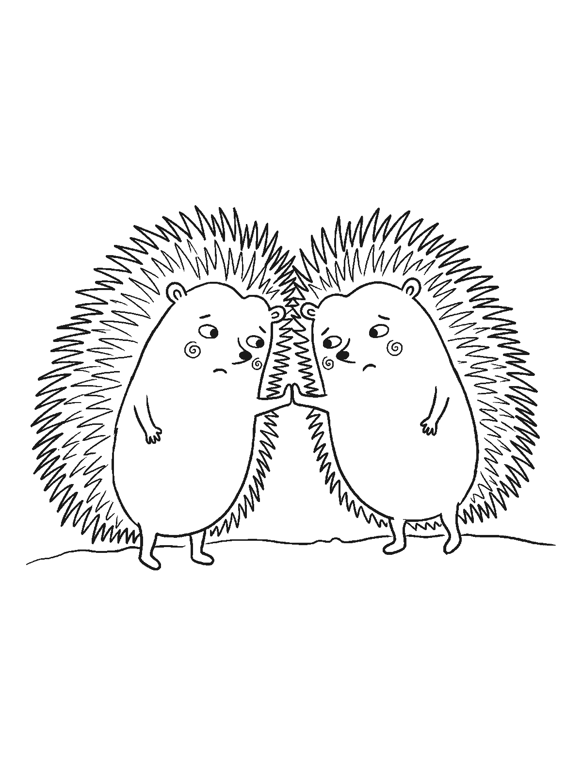 Ausmalbild: Zwei runde Igel beugen sich mit weit ausgestreckten Vorderpfoten zueinander und halten kurz vor der Berührung wegen ihrer Stacheln an