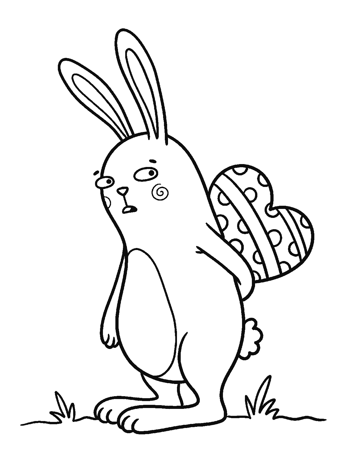 Ausmalbild: Ein Hase steht aufrecht und schaut unschuldig zur Seite, hinter dem Rücken hält er ein großes gemustertes Herz, das beidseitig hervorschaut