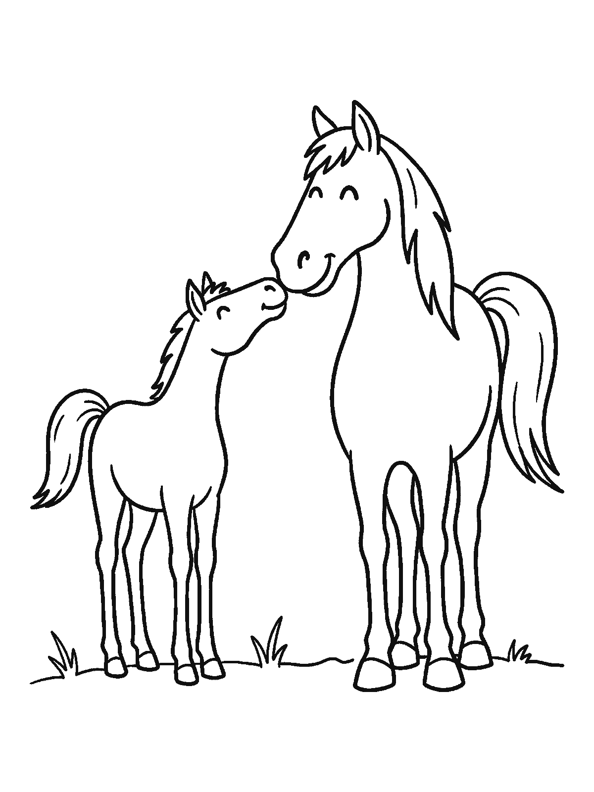 Printable coloring page: a grown mare and her foal stand facing each other, lowering their heads until their noses meet in the middle