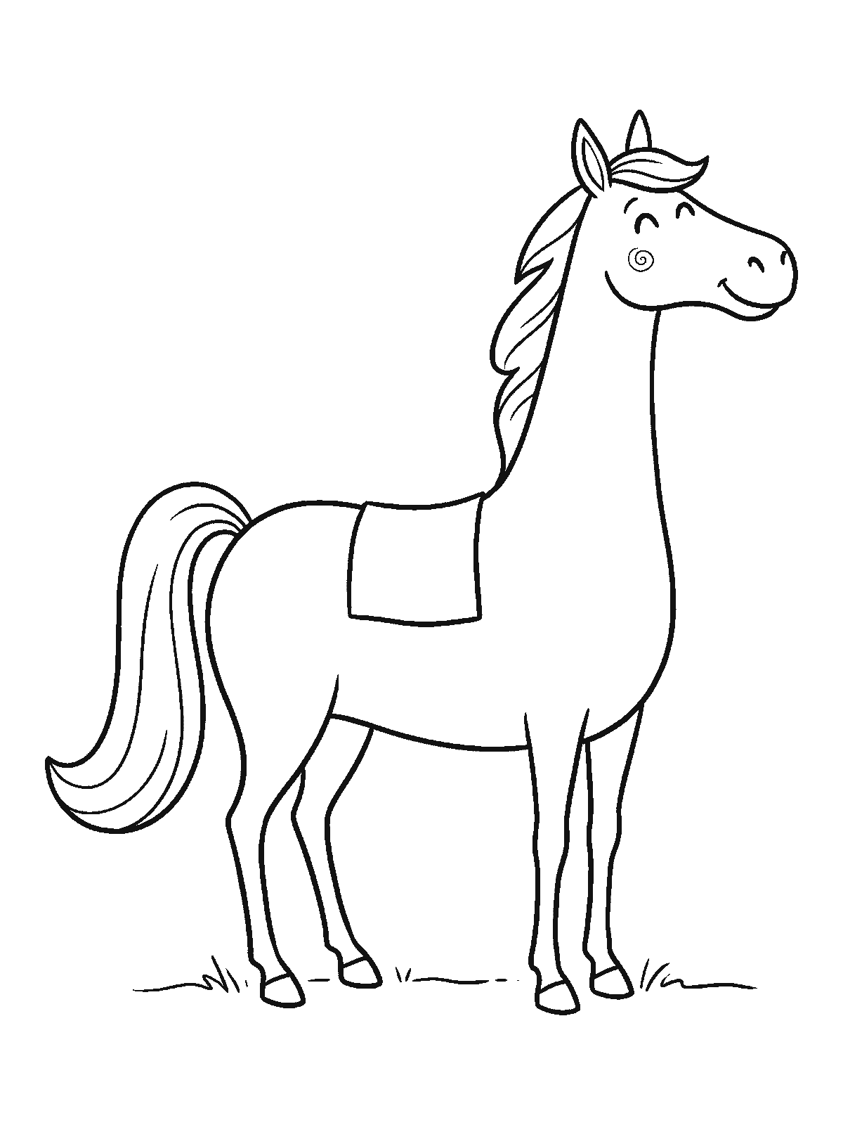 Printable coloring page: a tall horse wears a far too small square blanket covering only the middle of its long back, with the neck and long legs left bare