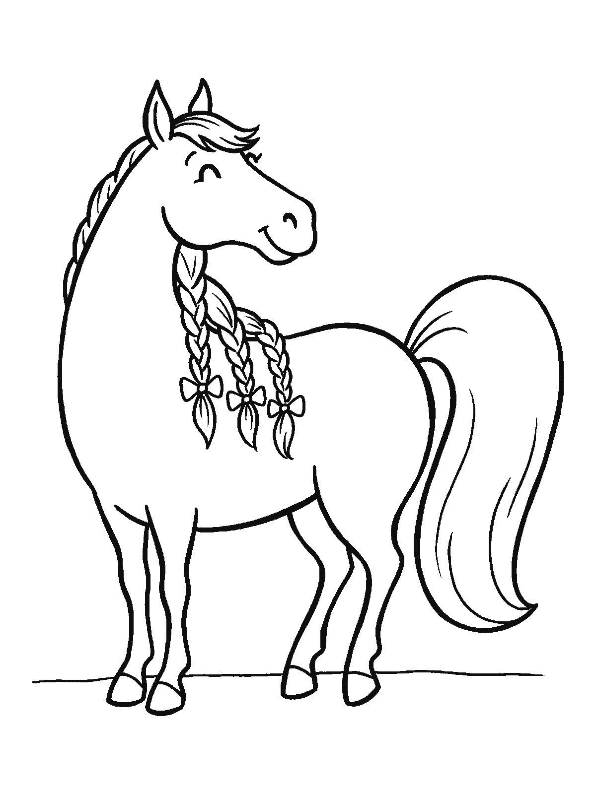 Printable coloring page: a horse in profile with its long mane plaited into three neat braids, each finished with a little bow, glancing sideways at them