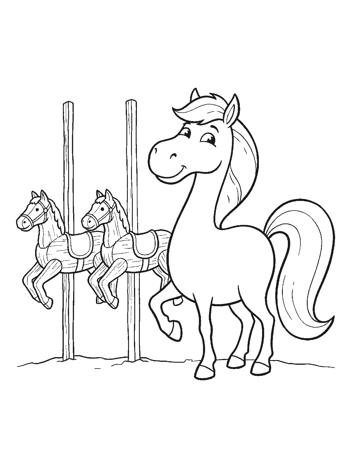Printable coloring page: a real pony stands motionless at the end of a row of two wooden carousel horses on poles, holding the same leg-lifted pose