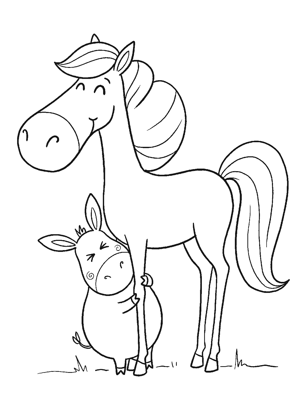 Printable coloring page: a foal tries to hide behind one thin front leg of its mother, its round body and both ears sticking out on either side, eyes squeezed shut