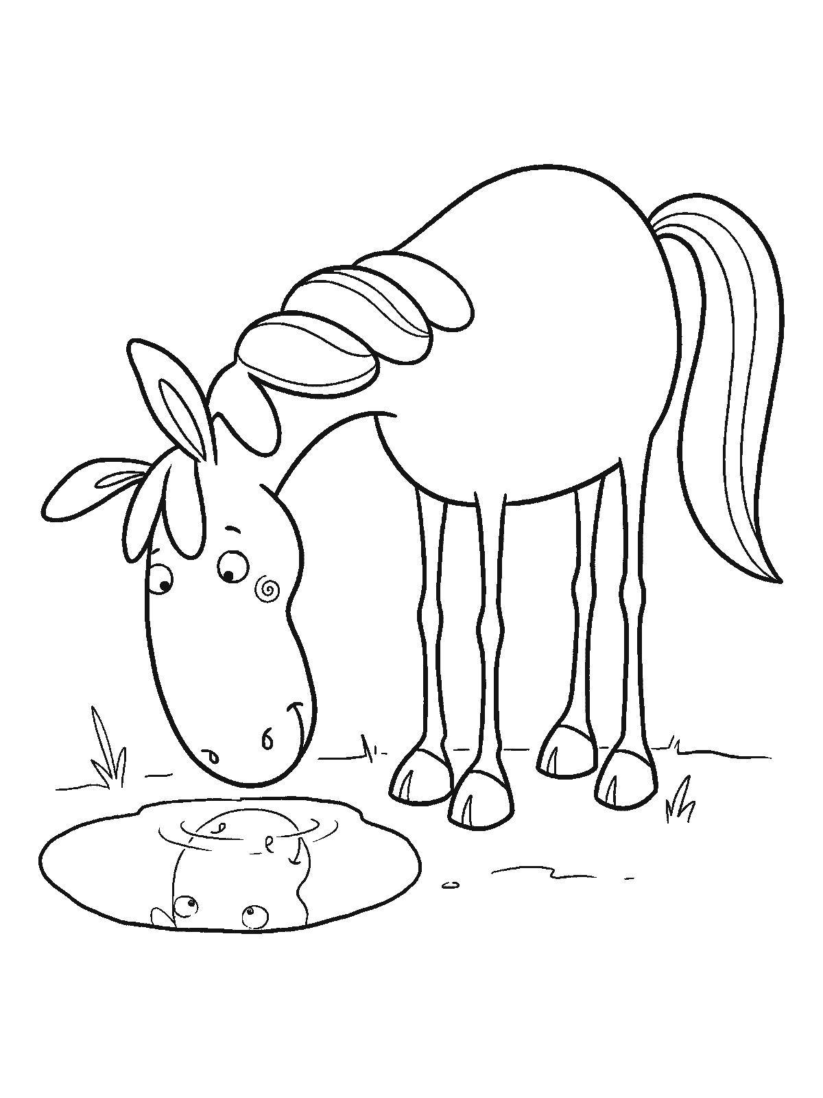 Printable coloring page: a horse lowers its head to a small round puddle and stares at its own reflection, with one ear standing up and one flopped over