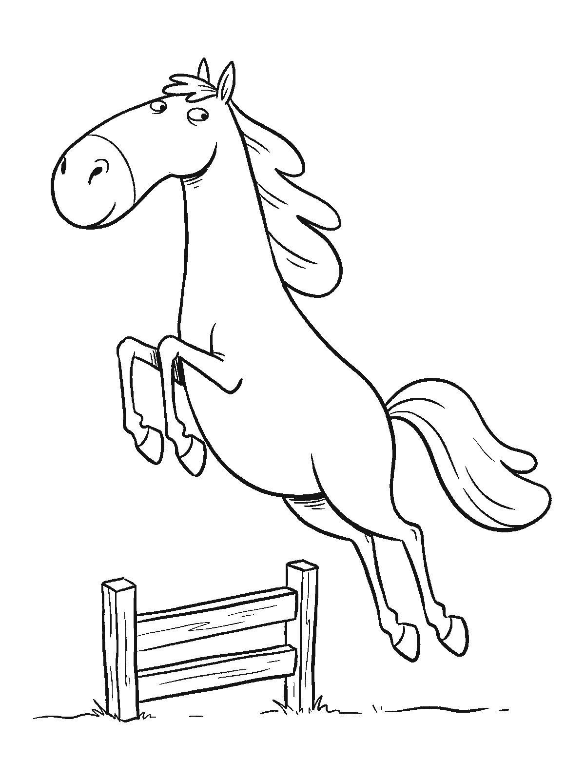 Printable coloring page: a big horse in mid-air makes an enormous leap over a low fence of only two rails, tucking its front legs up far higher than needed