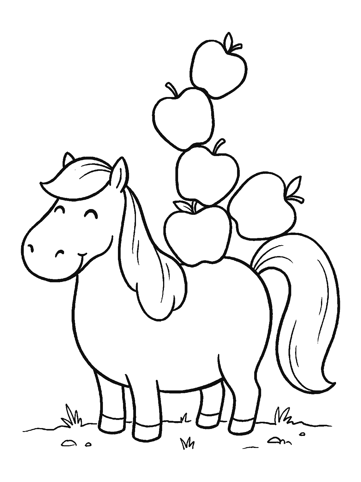 Printable coloring page: a round pony stands still with a tower of five big apples stacked on its back, the top one already tipping off behind its tail