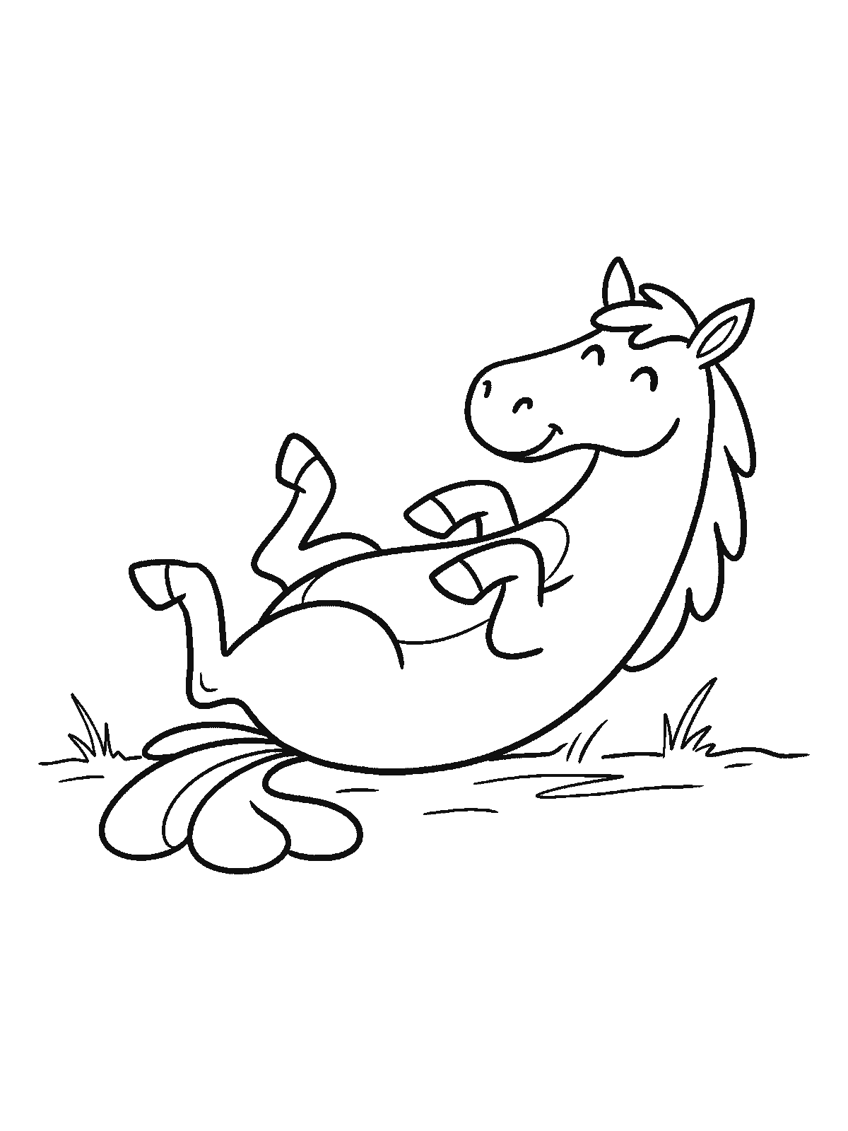 Розмальовка: кінь лежить на спині в траві, усі чотири ноги підібрані догори, голова повернута до глядача, видно обидва ока й обидва вуха