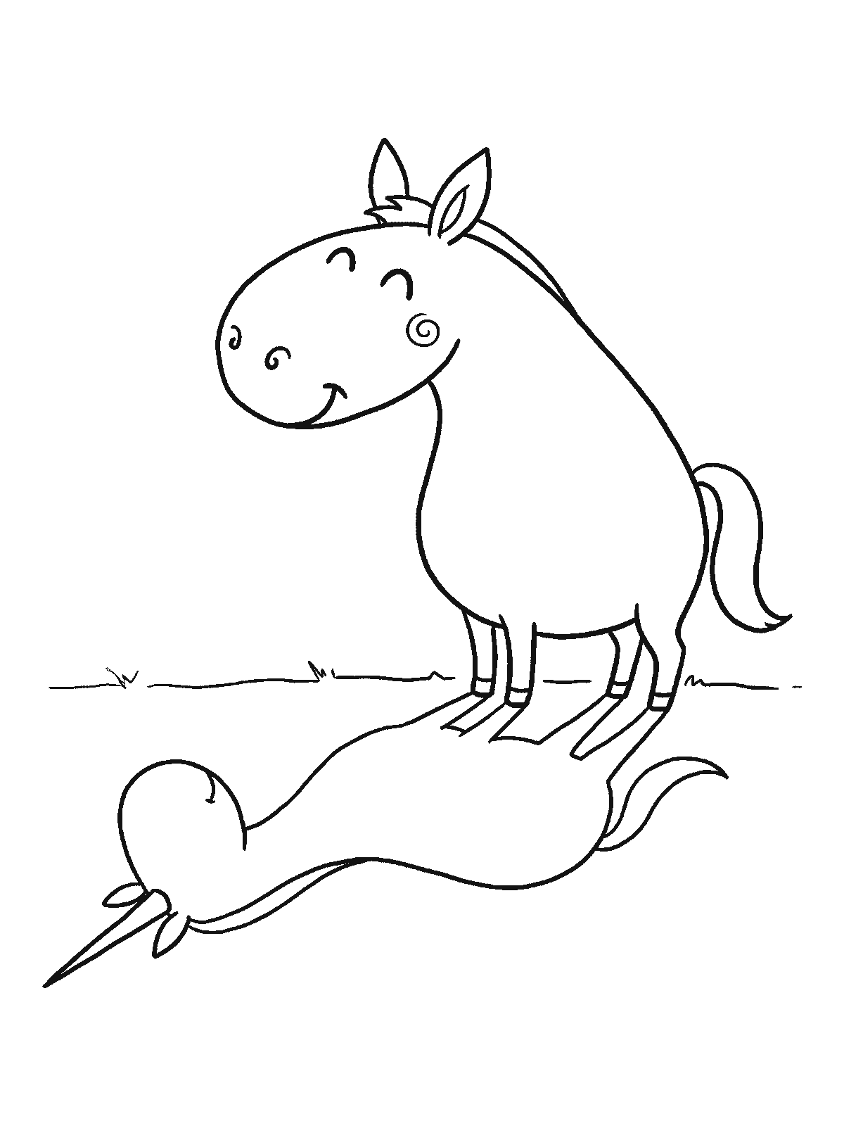 Printable coloring page: a pony stands sideways in bright sunlight while the shadow beside it repeats its outline exactly, except for one long pointed horn on the forehead