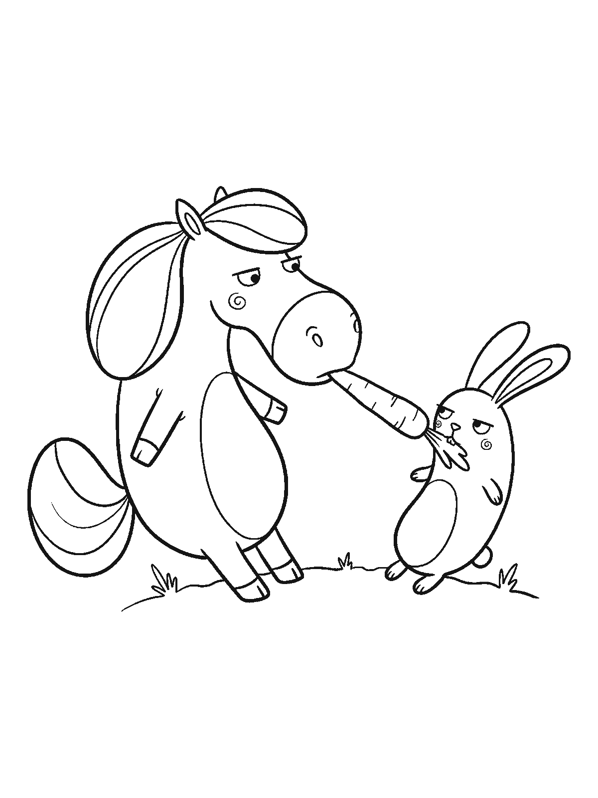 Printable coloring page: a stocky pony and a rabbit each hold one end of the same long carrot in their mouths, both leaning back