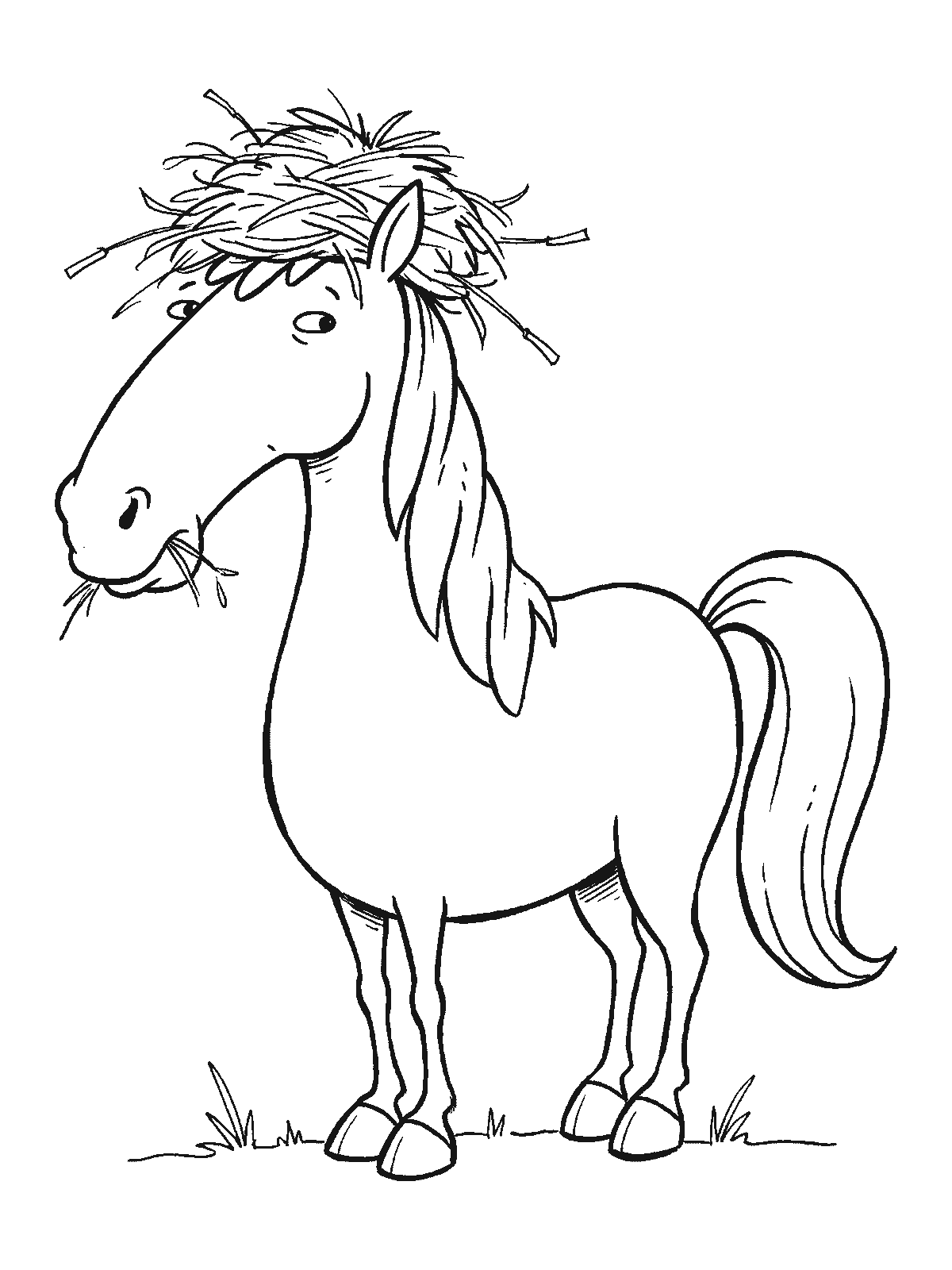 Printable coloring page: a horse chews calmly with a loose pile of hay balanced on its head like a hat, a few straws sticking out sideways