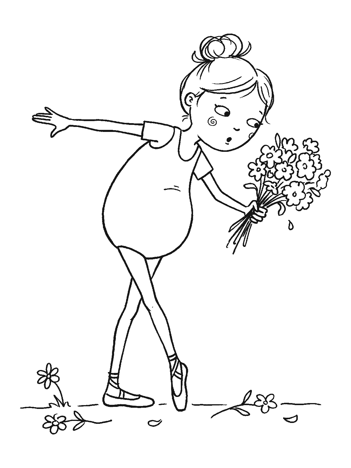 Coloring page: a young ballerina taking a bow with one arm out, holding a bouquet of flowers in the other, a few flowers lying at her feet