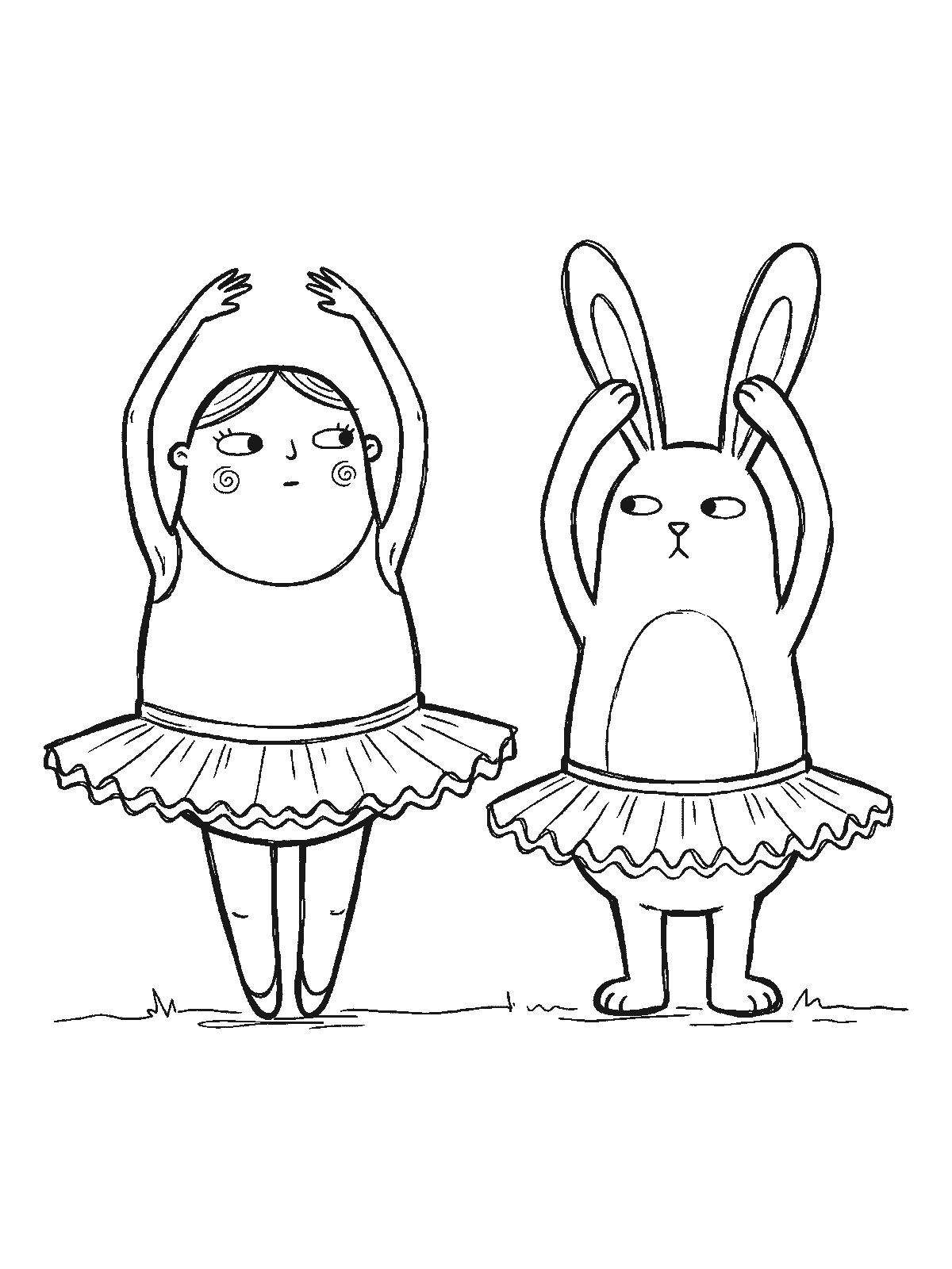 Coloring page: a young ballerina and a bunny both wearing matching tutus, standing side by side with their arms and paws raised the same way