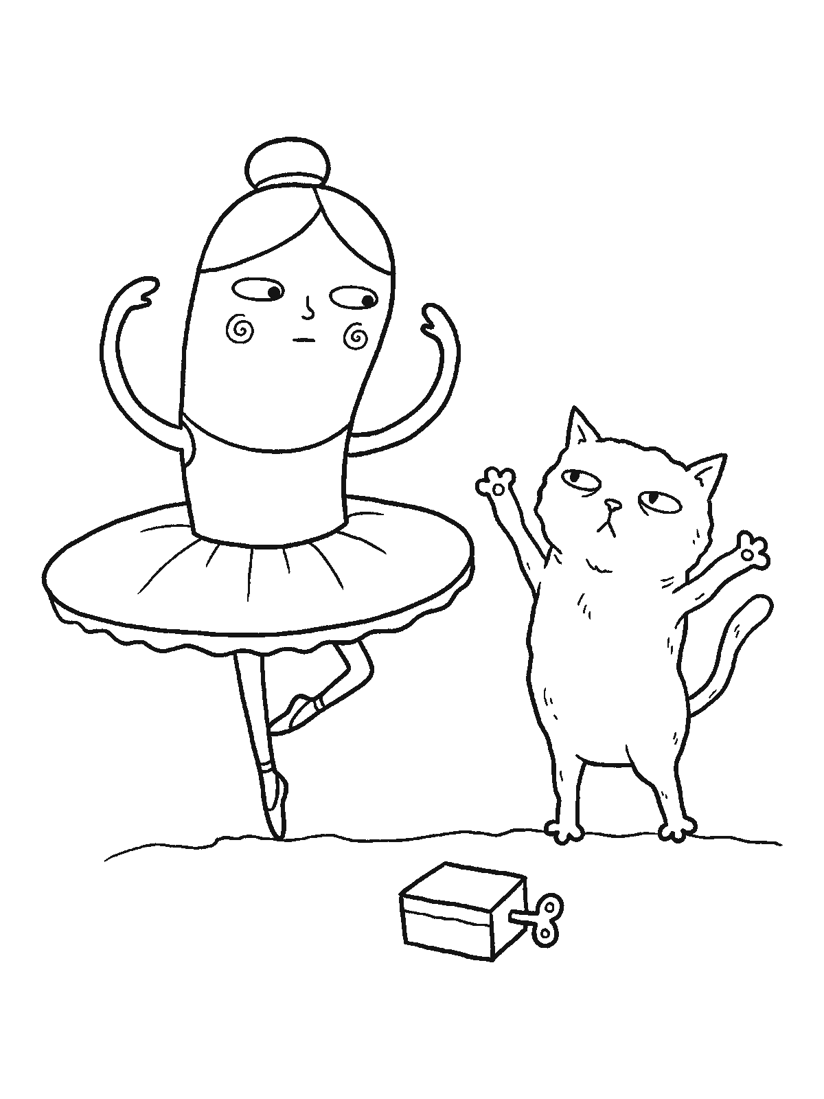 Coloring page: a young ballerina in a tutu standing on one leg with her arms up, and a cat next to her standing on its hind legs copying the pose