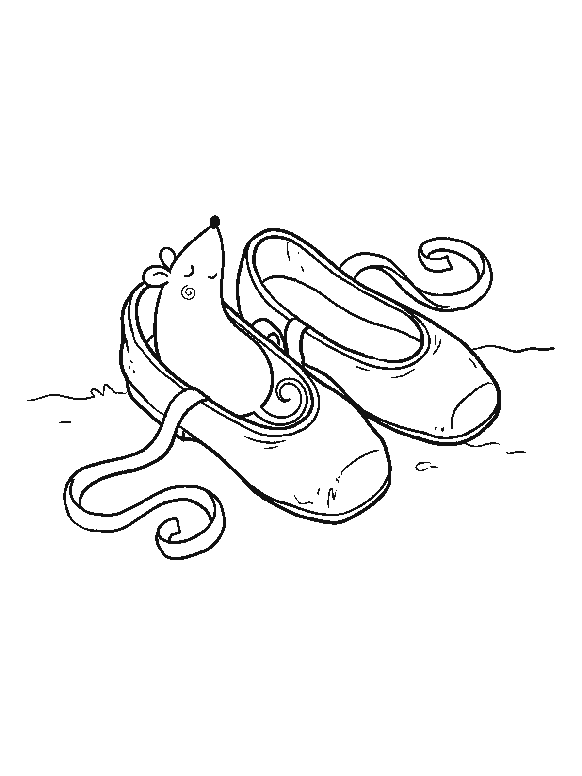 Coloring page: a pair of ballet shoes with long ribbons lying on the floor, a small mouse fast asleep curled up inside one of them