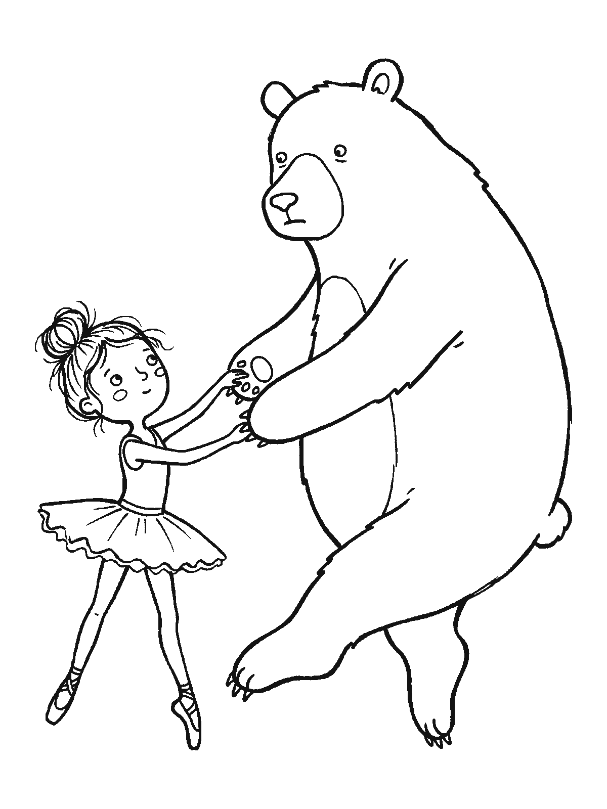 Coloring page: a young ballerina holding the front paws of a big clumsy bear and showing it a first dance step, the bear standing on its toes carefully