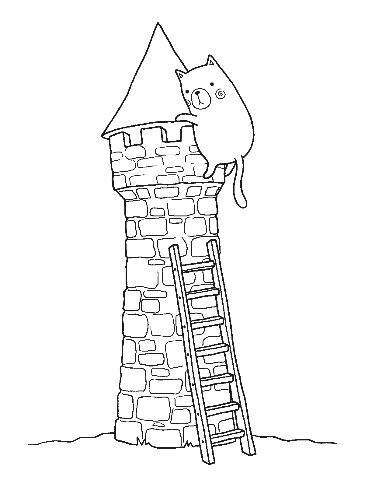 Coloring page: a cat sitting at the very top of a tall castle tower looking down, with a ladder leaning against the tower wall below it