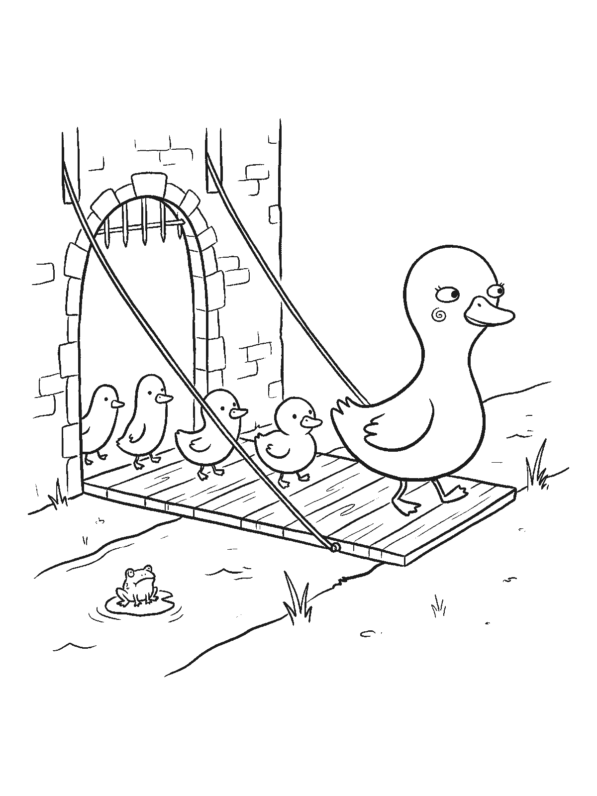 Coloring page: a castle drawbridge lowered over a moat with a mother duck and four ducklings walking across it in a neat line