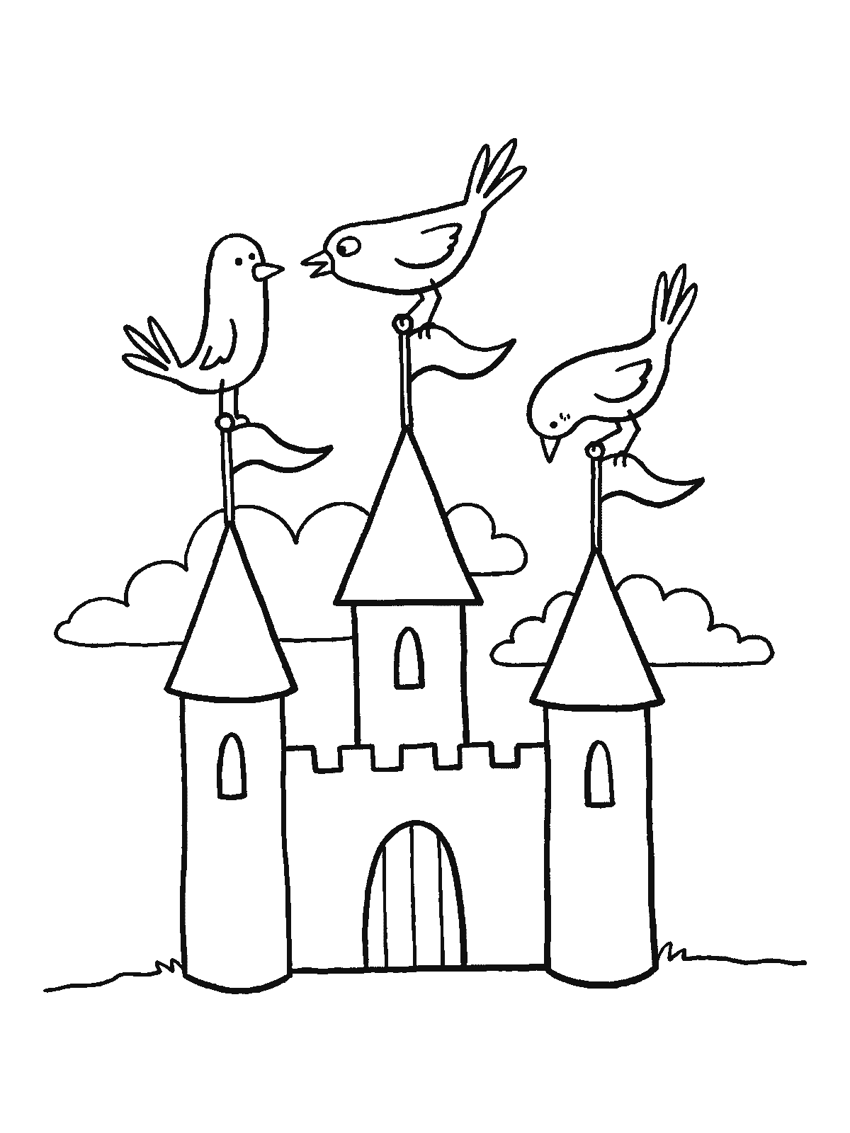 Coloring page: a castle with three pointed towers and a flag on each, a bird perched on top of every flagpole, simple clouds behind