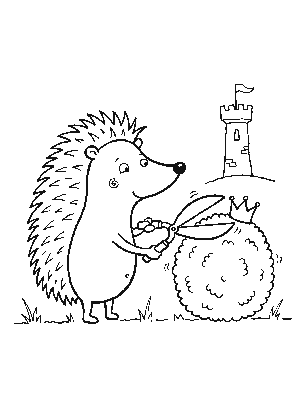 Coloring page: a hedgehog gardener with tiny shears trimming a round bush into a crown shape in the castle garden, the castle behind it