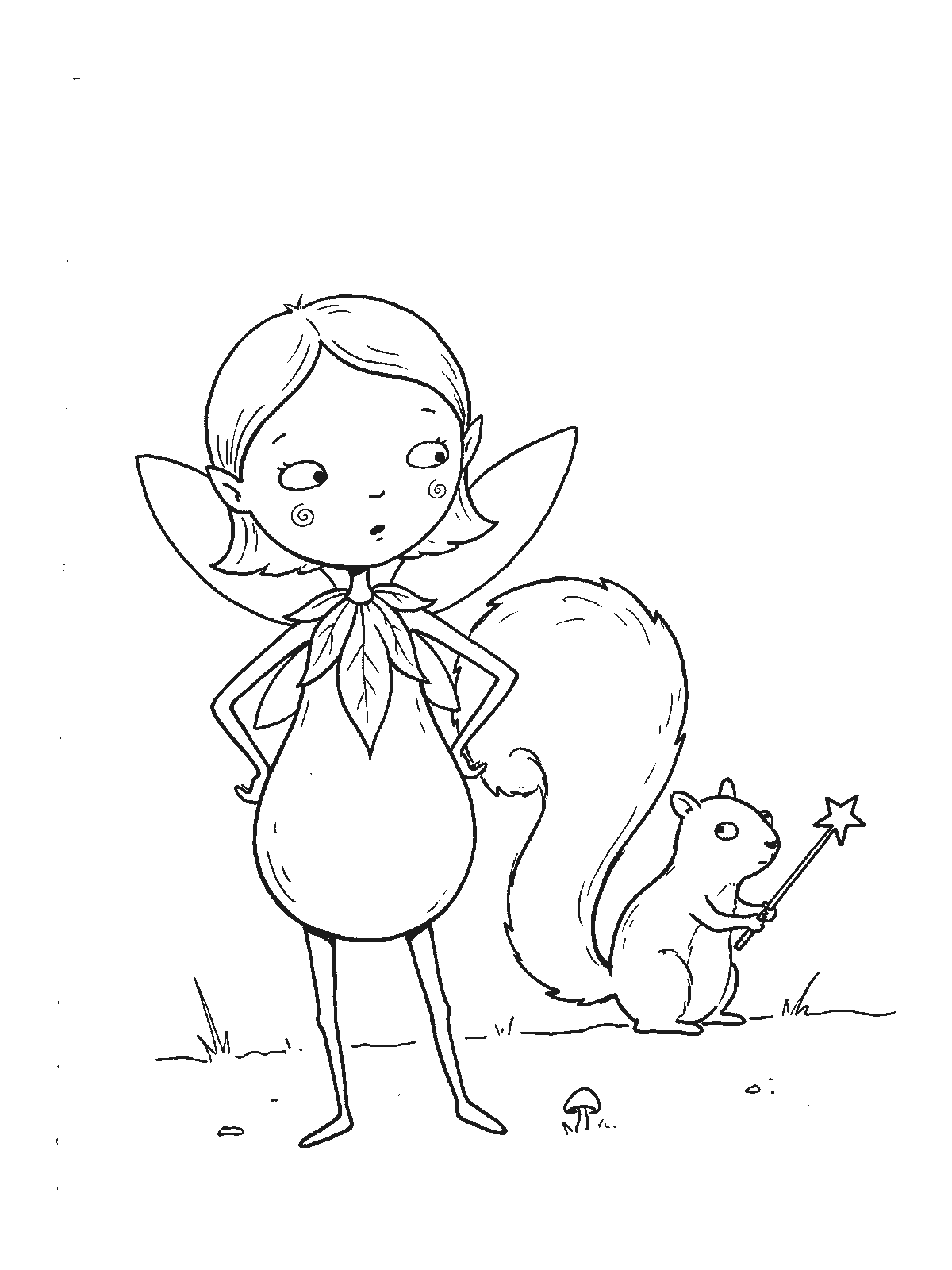 Coloring page: a fairy looking around for her wand with her hands on her hips while a squirrel behind her holds the wand like a tiny sword