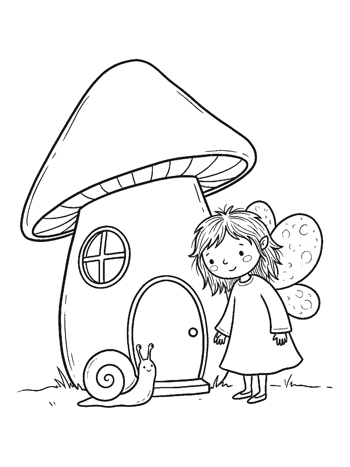 Coloring page: a small fairy with round wings standing at the door of a mushroom house with a round window, a snail sitting by the doorstep