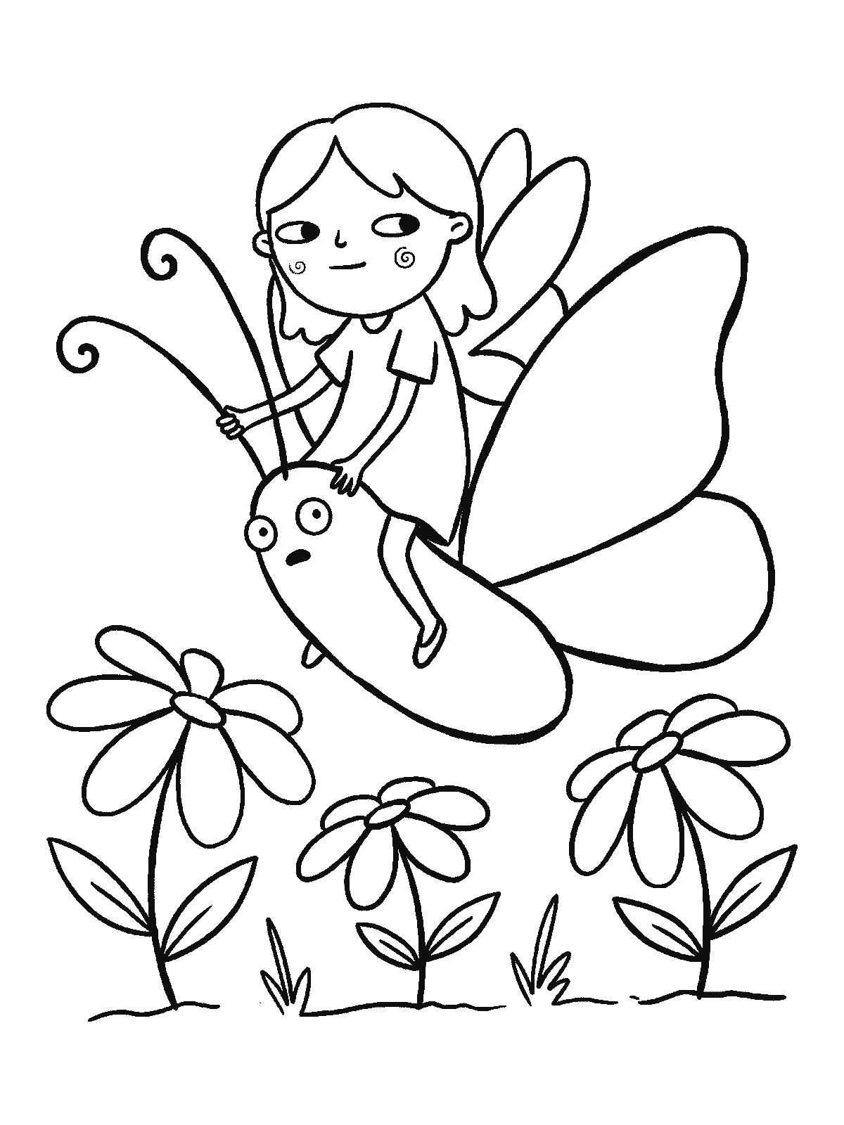 Coloring page: a small fairy sitting on the back of a big butterfly like a rider, holding on to its feelers, flying over flowers
