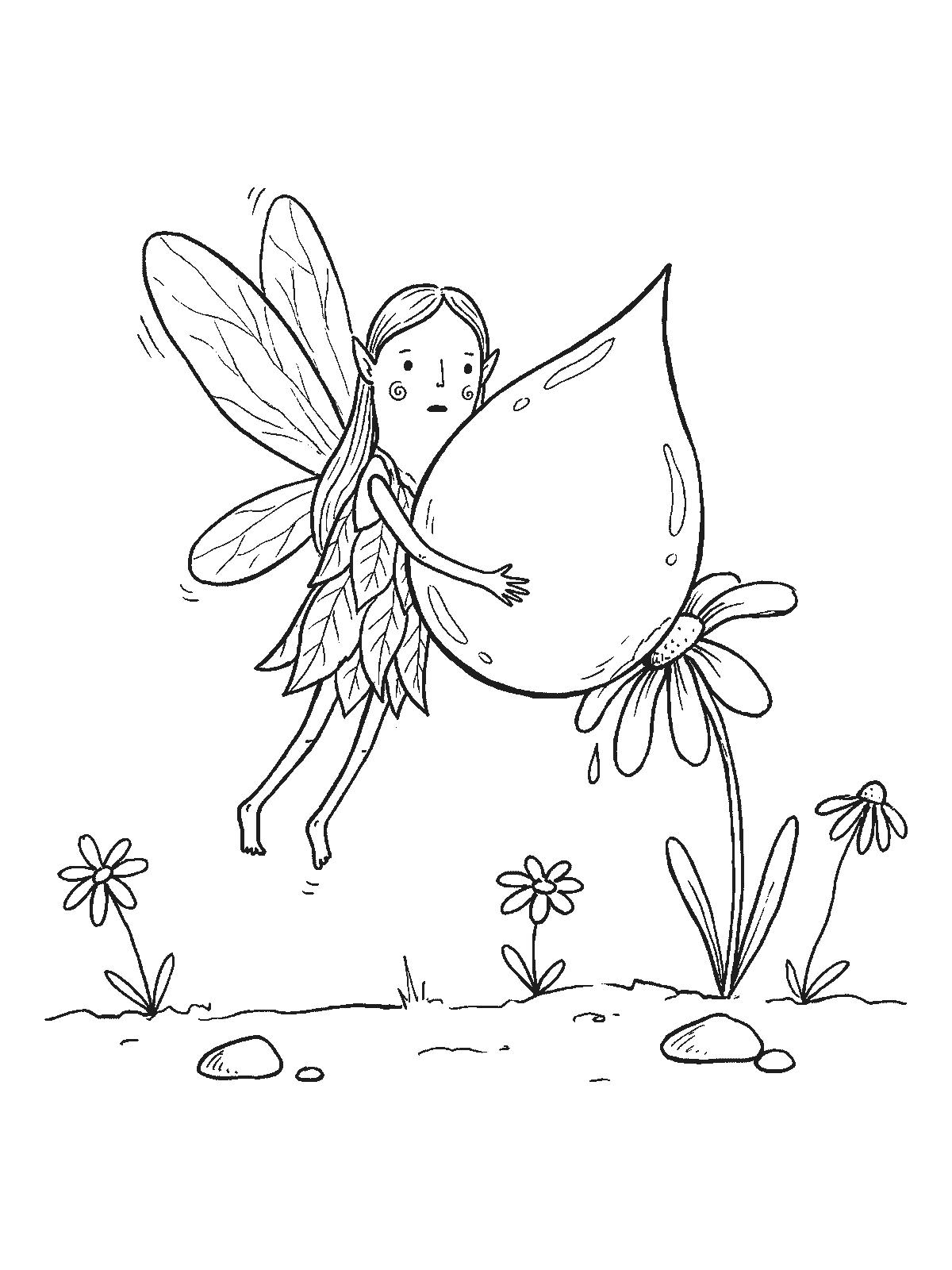 Coloring page: a small fairy tipping a big dewdrop over a flower to water it, holding the dewdrop with both arms, other flowers around