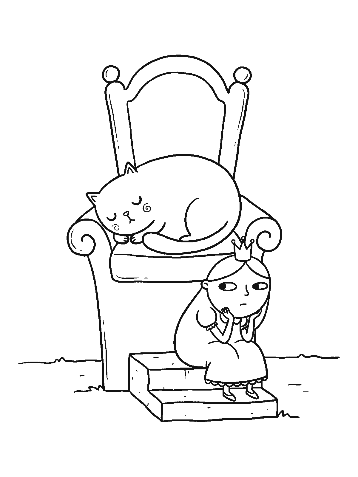 Coloring page: a cat asleep curled up on a big royal throne while a princess sits on the step below with her chin in her hands