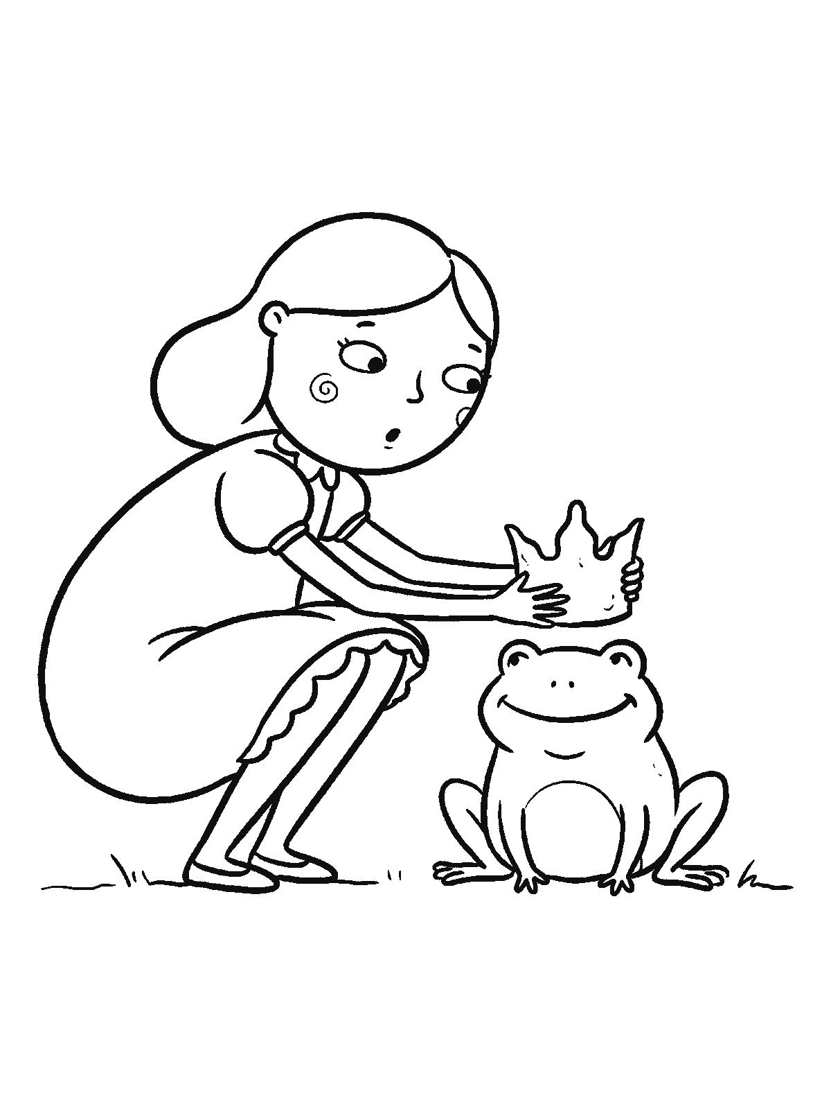 Coloring page: a princess in a puffy dress kneeling down and placing her crown on the head of a happy frog
