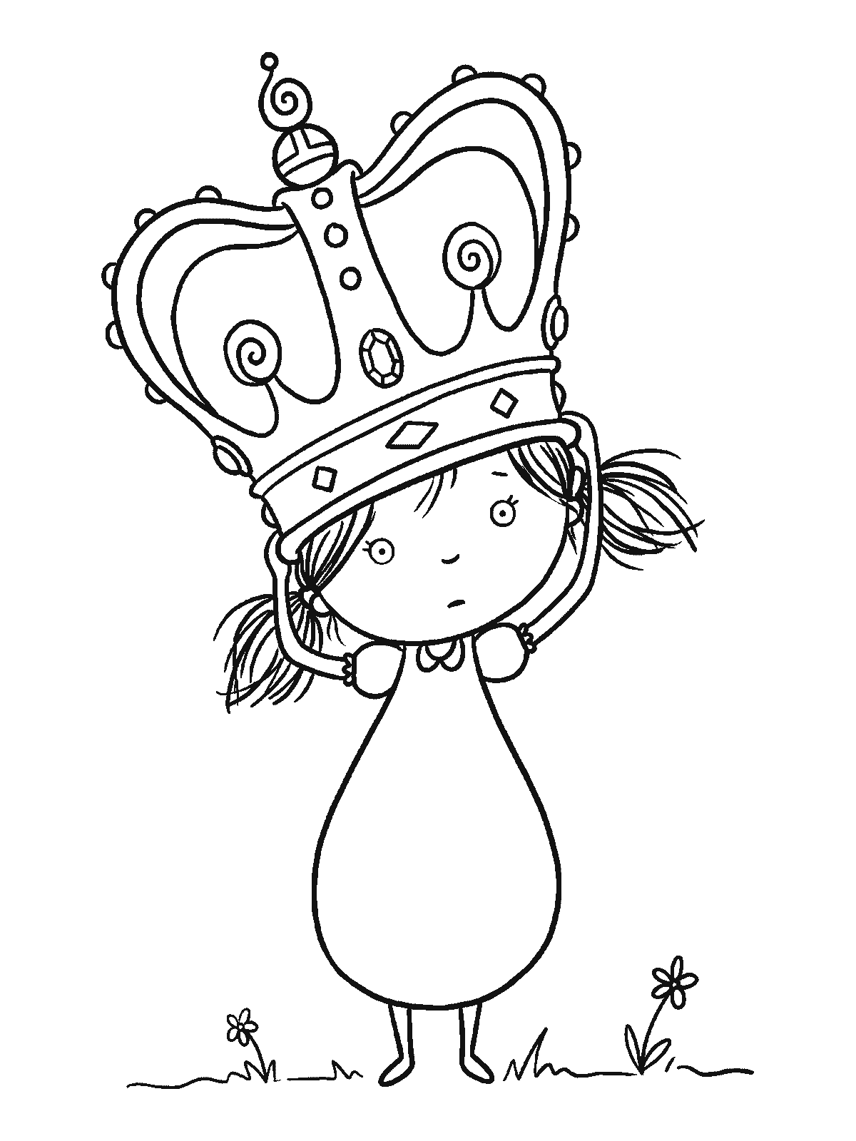 Coloring page: a small princess whose crown is far too big and has slipped down over her eyes, holding it up with both hands and peeking out