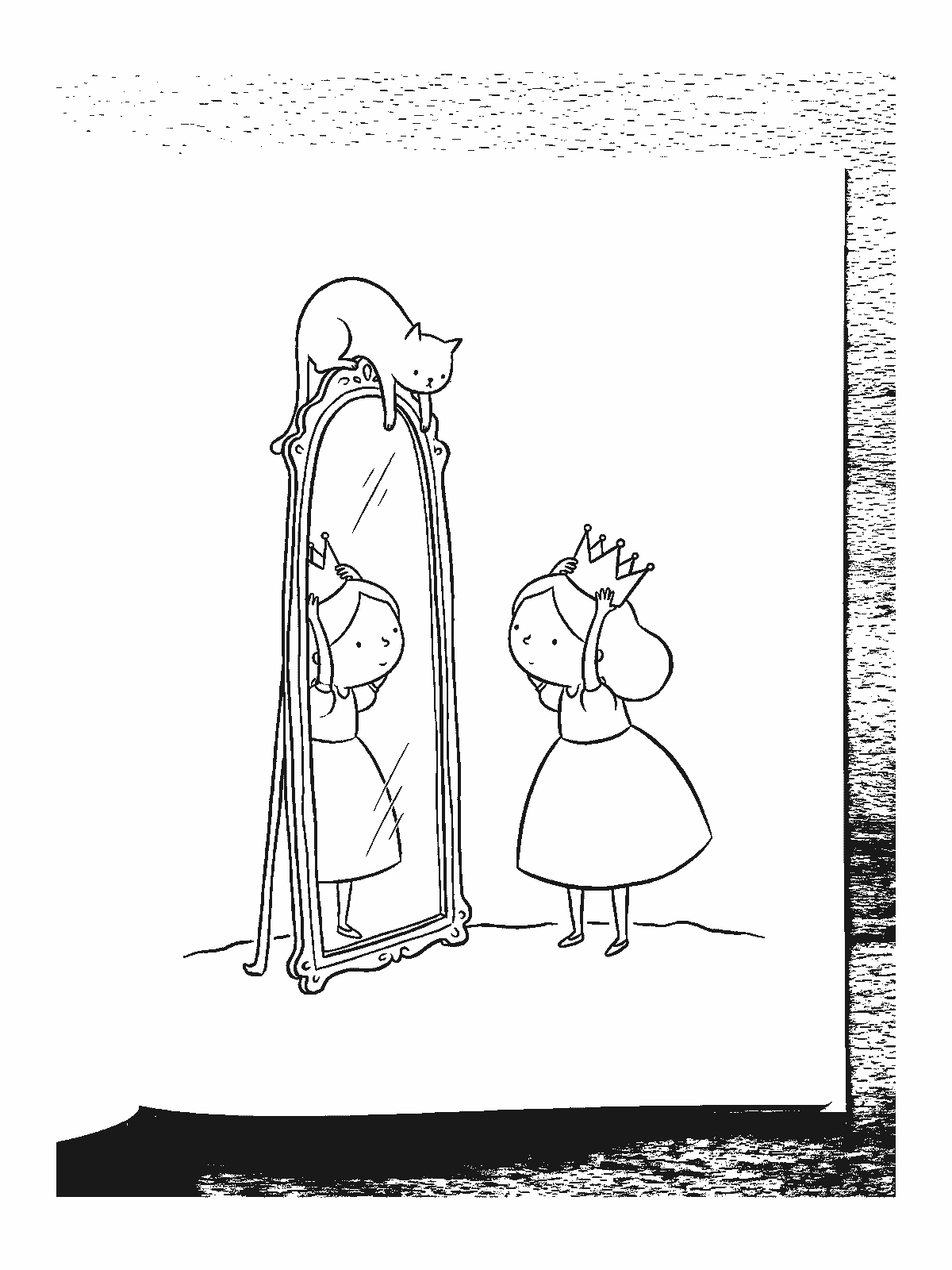 Coloring page: a princess standing in front of a tall mirror straightening her crooked crown, while her cat watches her from the mirror frame