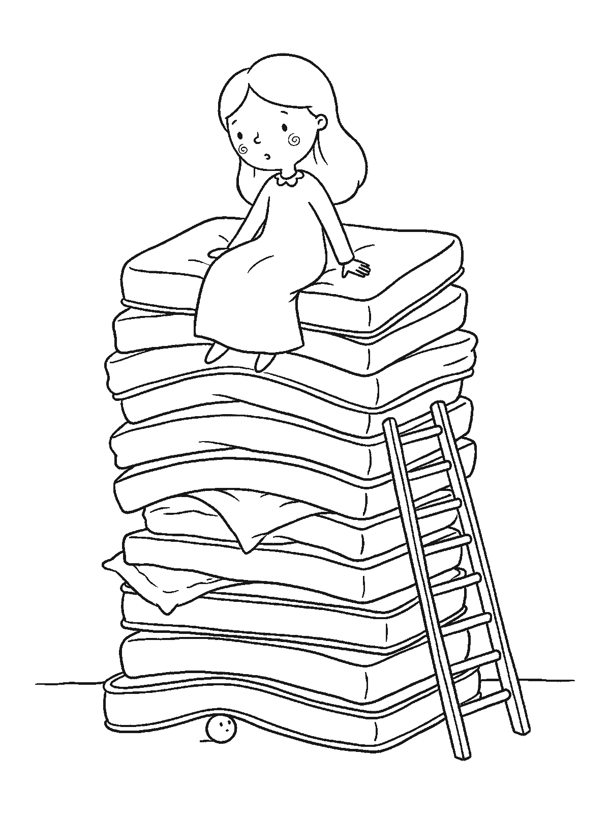 Coloring page: a princess sitting on top of a very tall stack of mattresses with a tiny pea under the bottom one and a ladder leaning against the stack