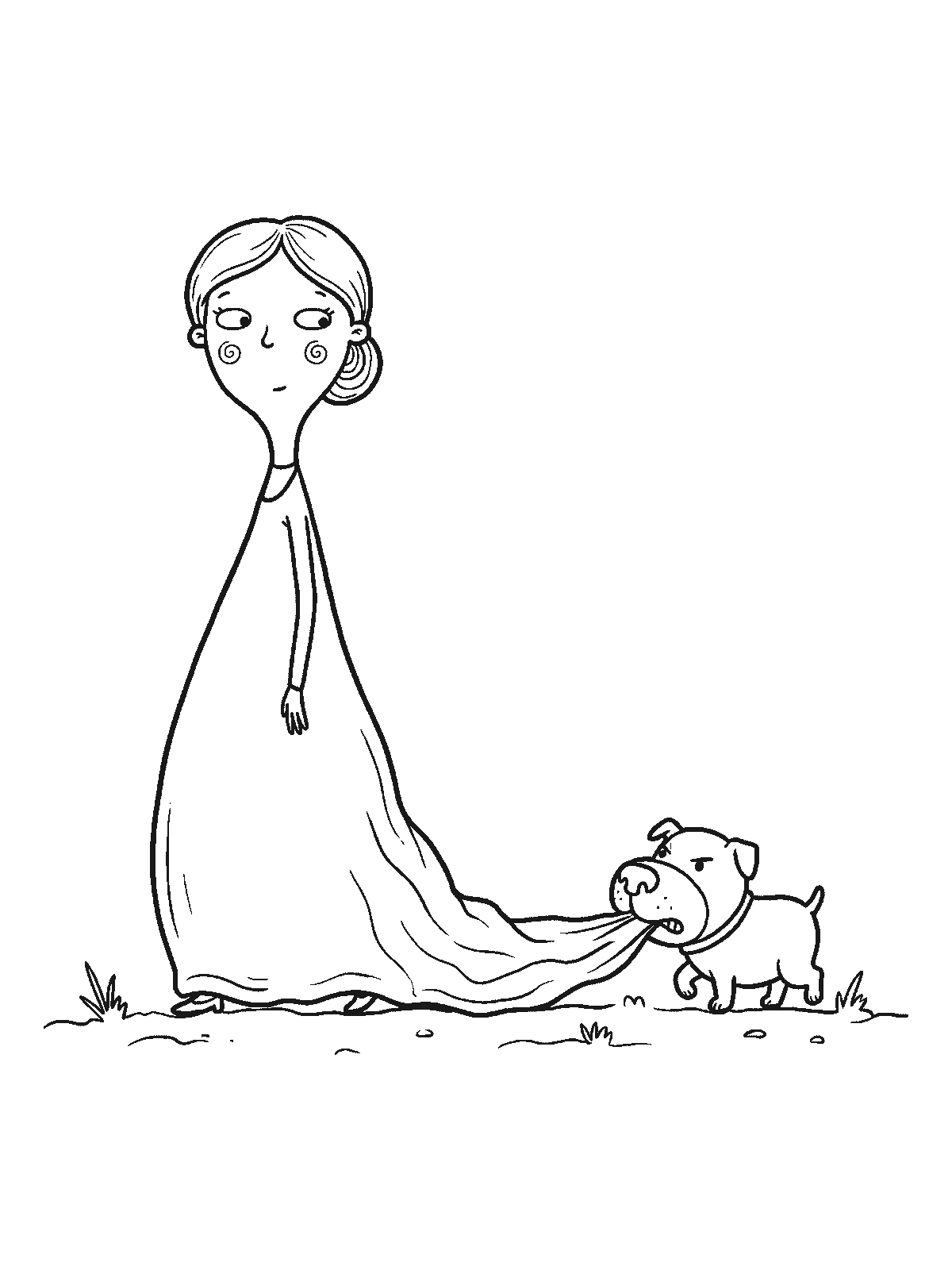 Coloring page: a princess walking in a long dress while a small puppy trots behind her carrying the end of her dress train in its mouth
