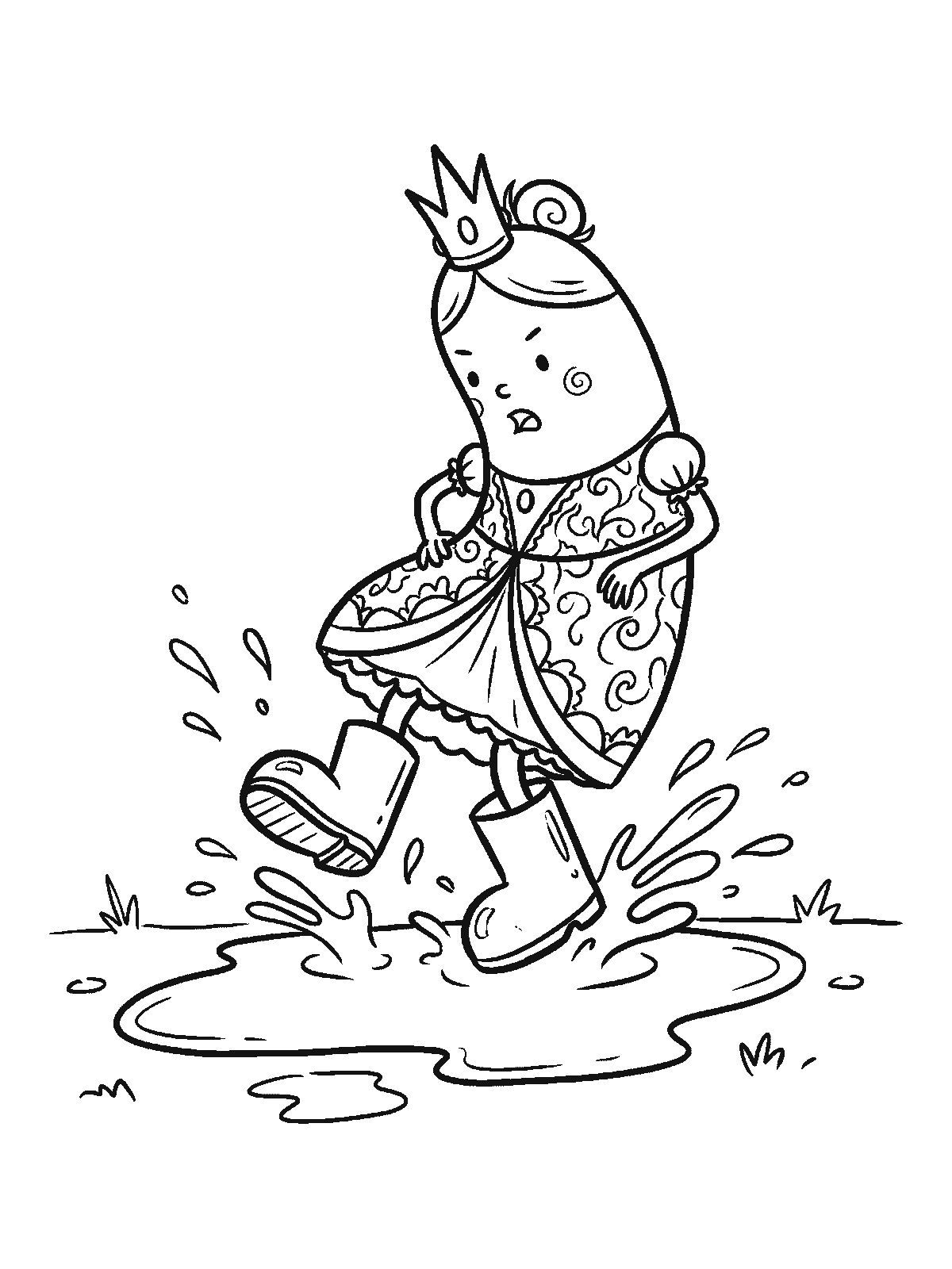 Coloring page: a princess in a fancy dress and crown wearing big rubber boots, jumping in a puddle with splashes flying up around her