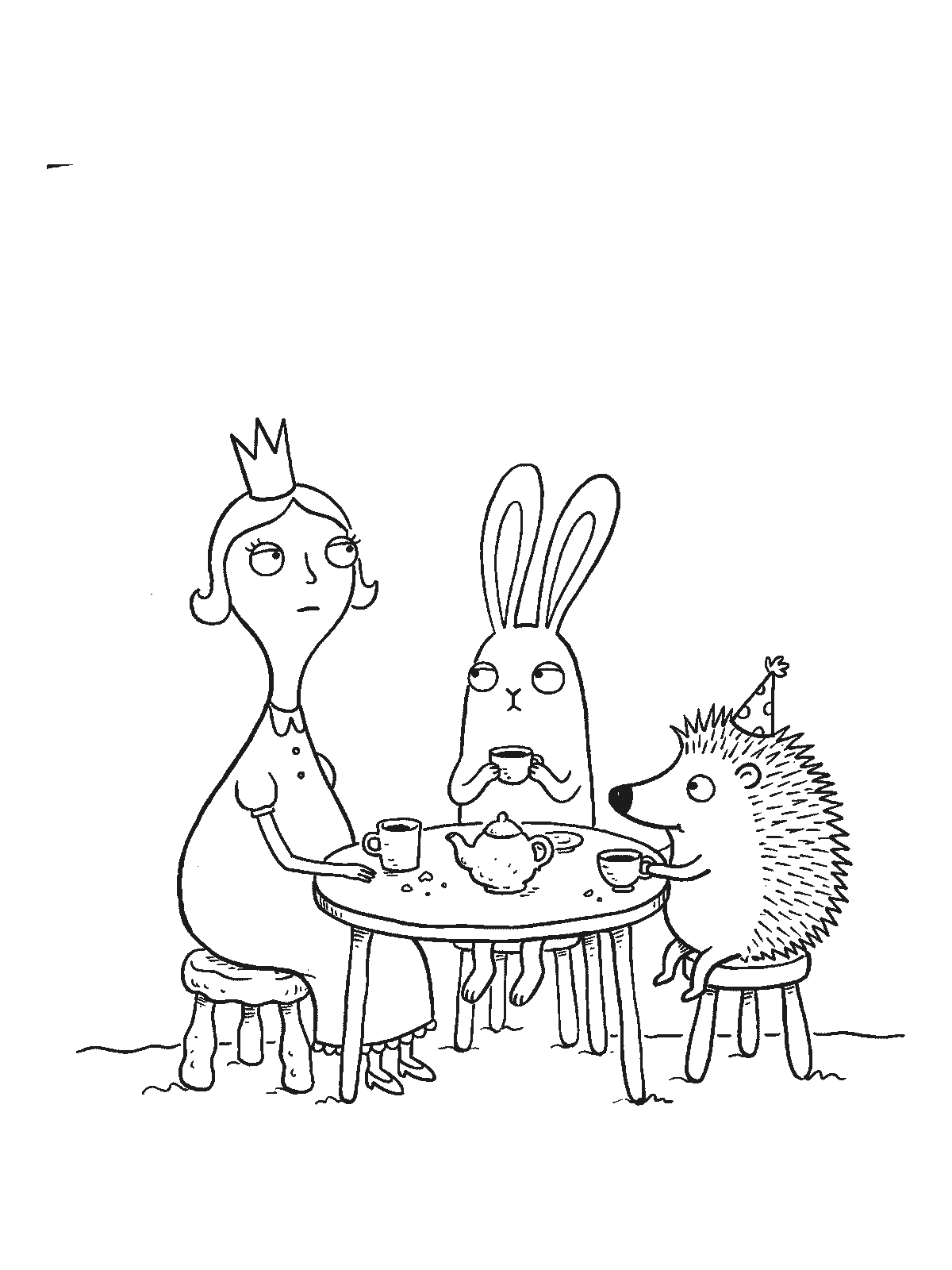 Coloring page: a princess having a tea party at a small round table with a bunny and a hedgehog, three cups and a teapot on the table