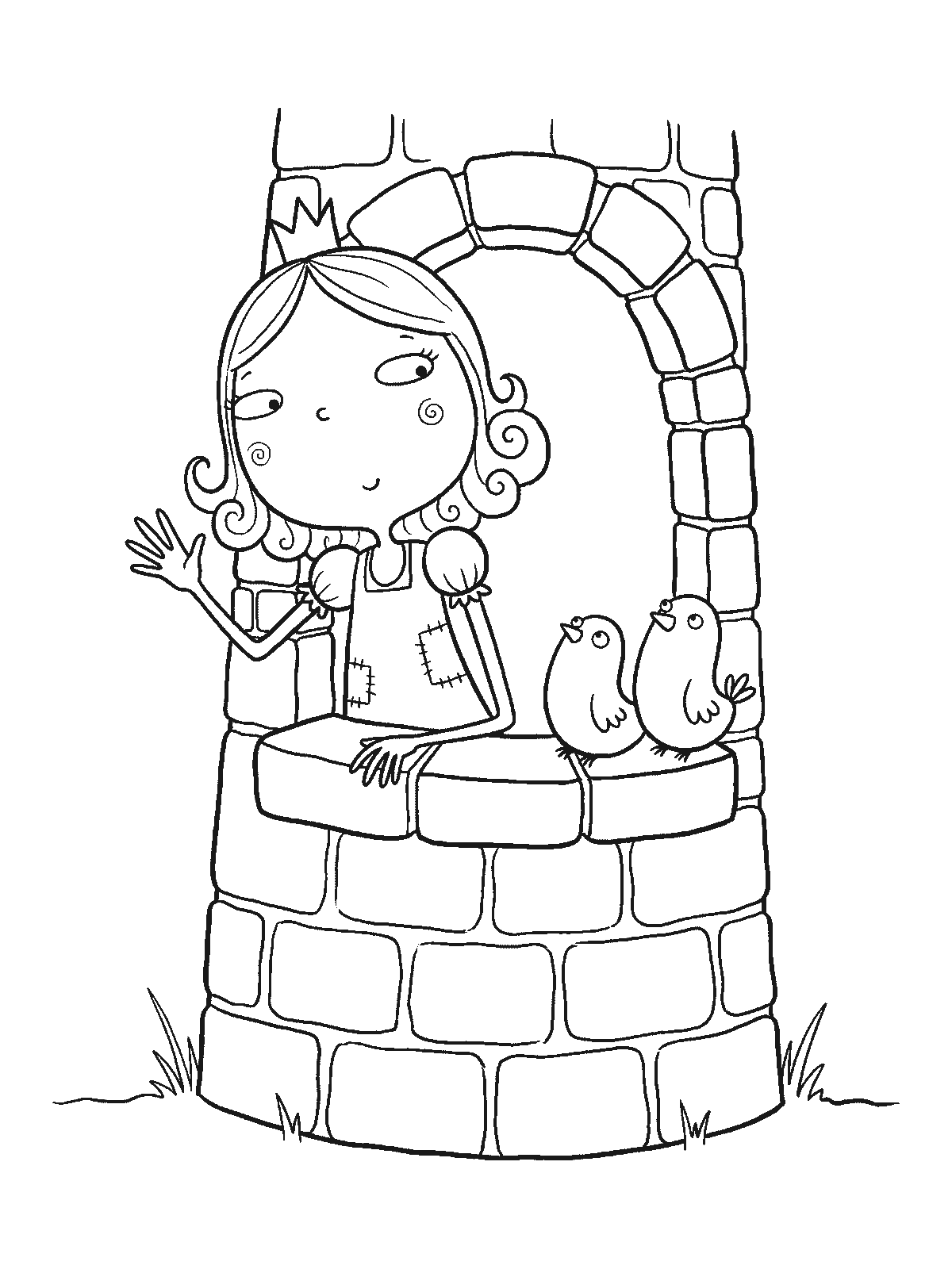 Coloring page: a princess leaning out of a round castle tower window waving, with two small birds sitting on the windowsill beside her