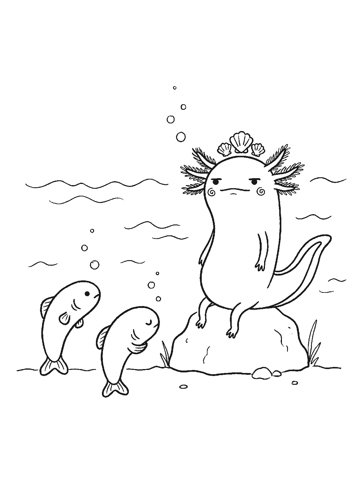 Coloring page: an axolotl wearing a small crown of shells sitting on a rock while two small fish bow in front of it