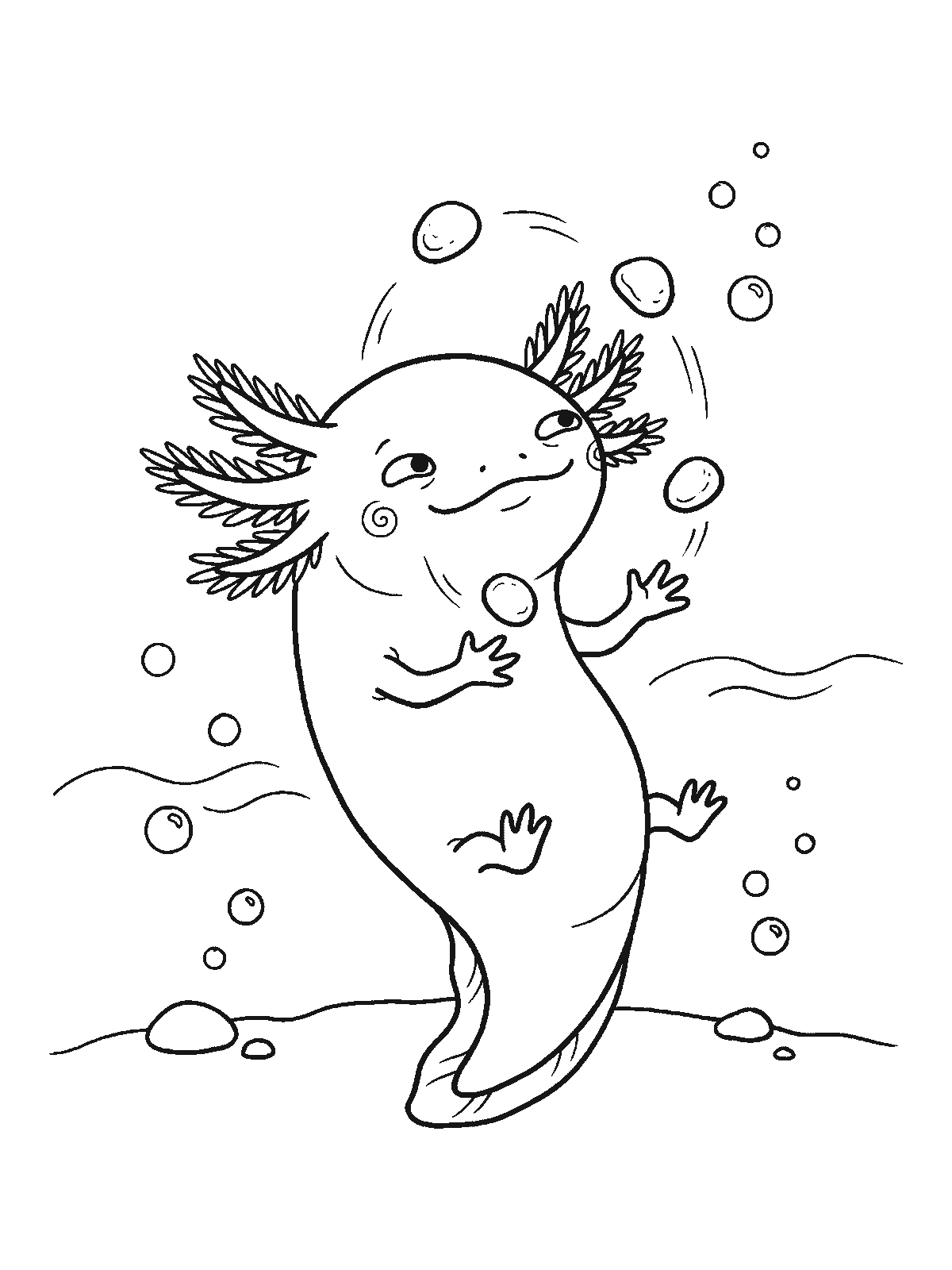 Coloring page: an axolotl juggling three round pebbles with its little hands