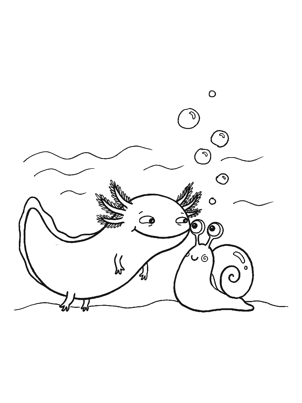 Coloring page: an axolotl lying on the sand nose to nose with a small water snail, both smiling at each other