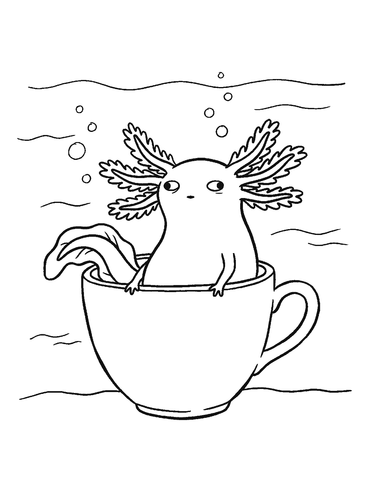 Coloring page: a small axolotl sitting inside a big teacup on the sea floor like a bathtub with its frilly gills over the rim