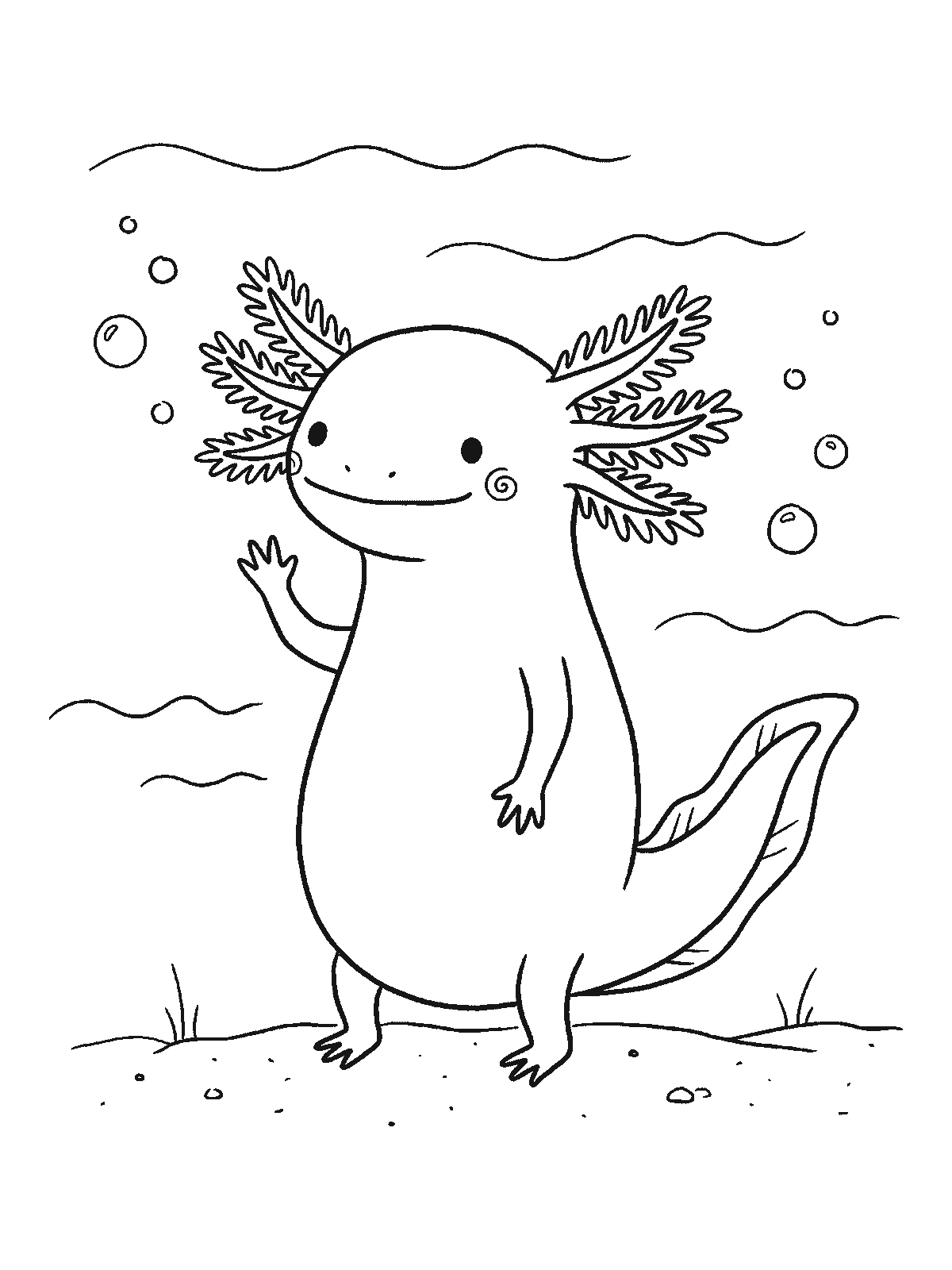 Coloring page: a smiling axolotl with frilly gills standing on the sandy sea floor waving one little hand