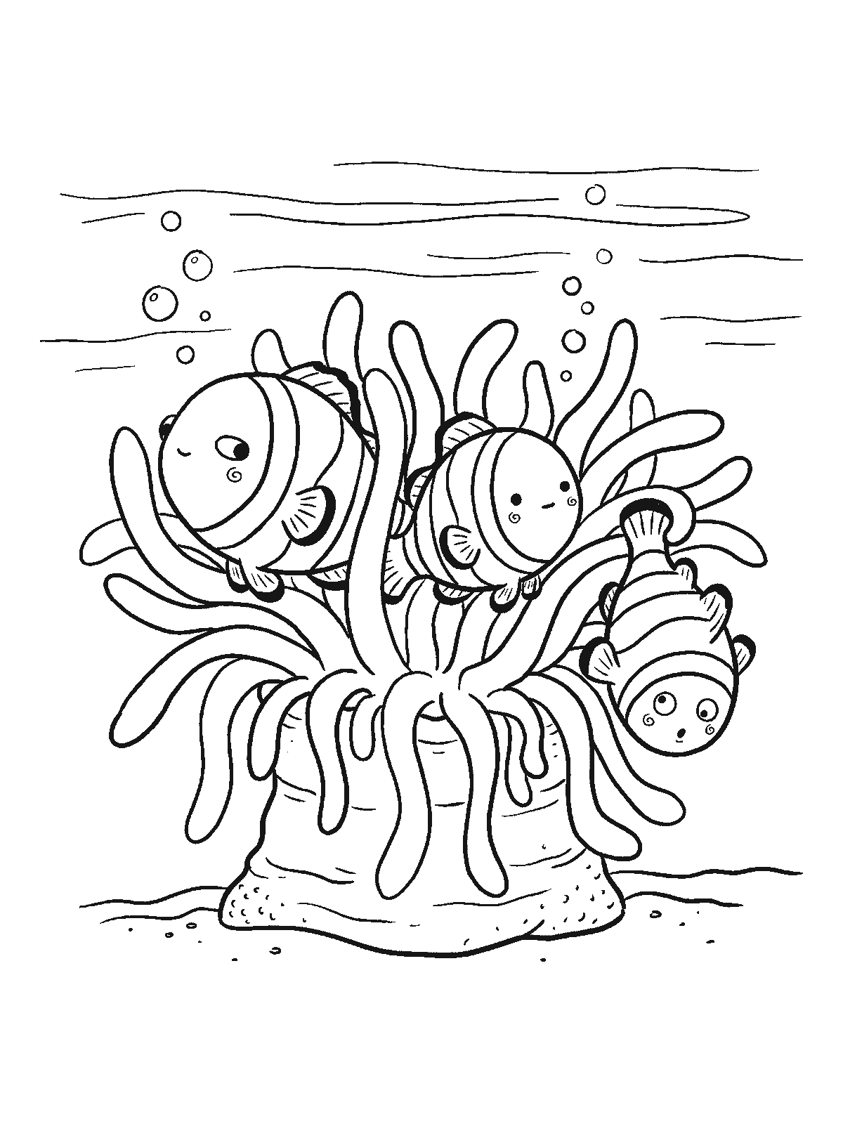 Coloring page: three striped clownfish peeking out from a soft anemone, the smallest one hanging upside down