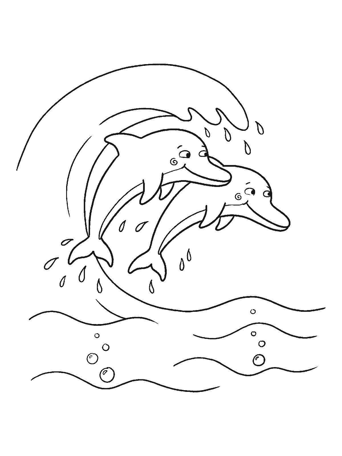 Coloring page: two dolphins jumping together through the curl of a wave with water drops flying around them
