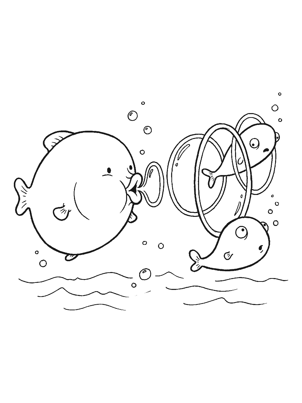 Coloring page: a round fish blowing bubble rings with two smaller fish swimming through the rings like hoops